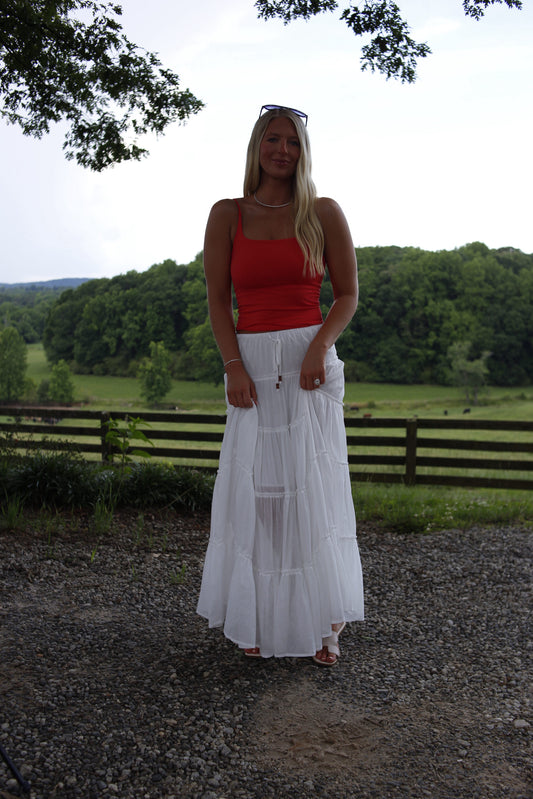 Palm Crush Tiered Maxi Skirt - White