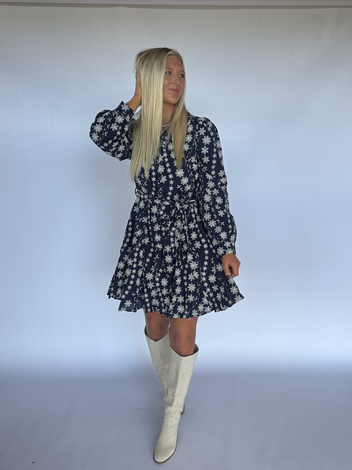 Kinzey Floral Embroidered Mini Dress - Navy