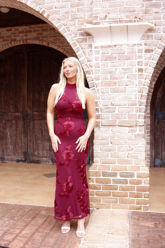 Harper High Neck Midi Dress - Wine