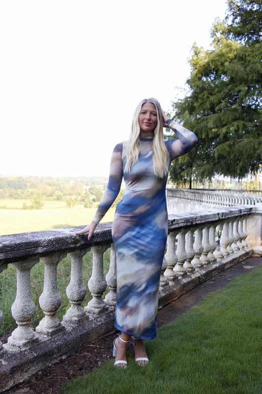 Kendal Mock Neck Mesh Midi Dress - Blue Multi