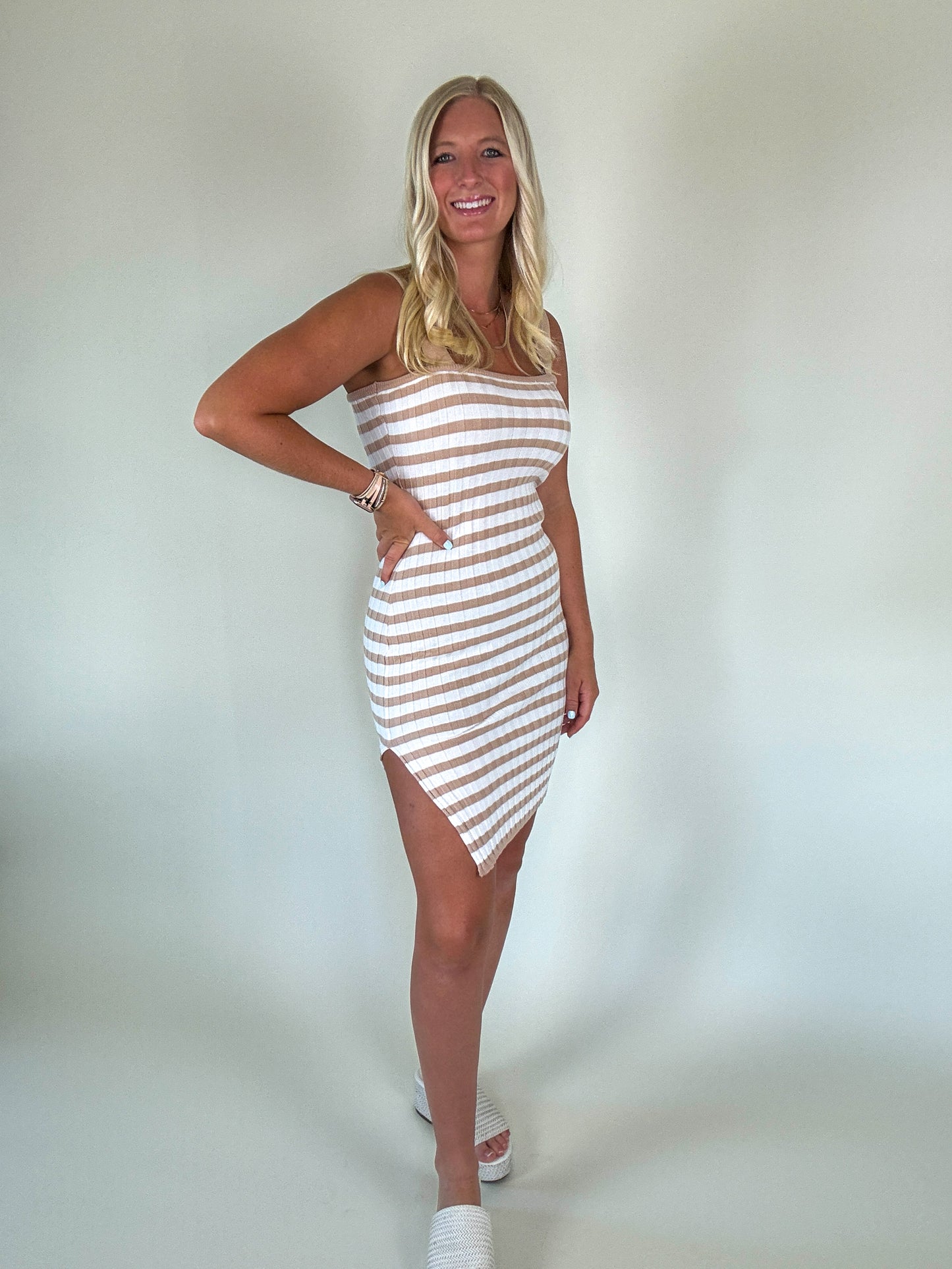 Striped Knit Side Slit Bodycon Dress