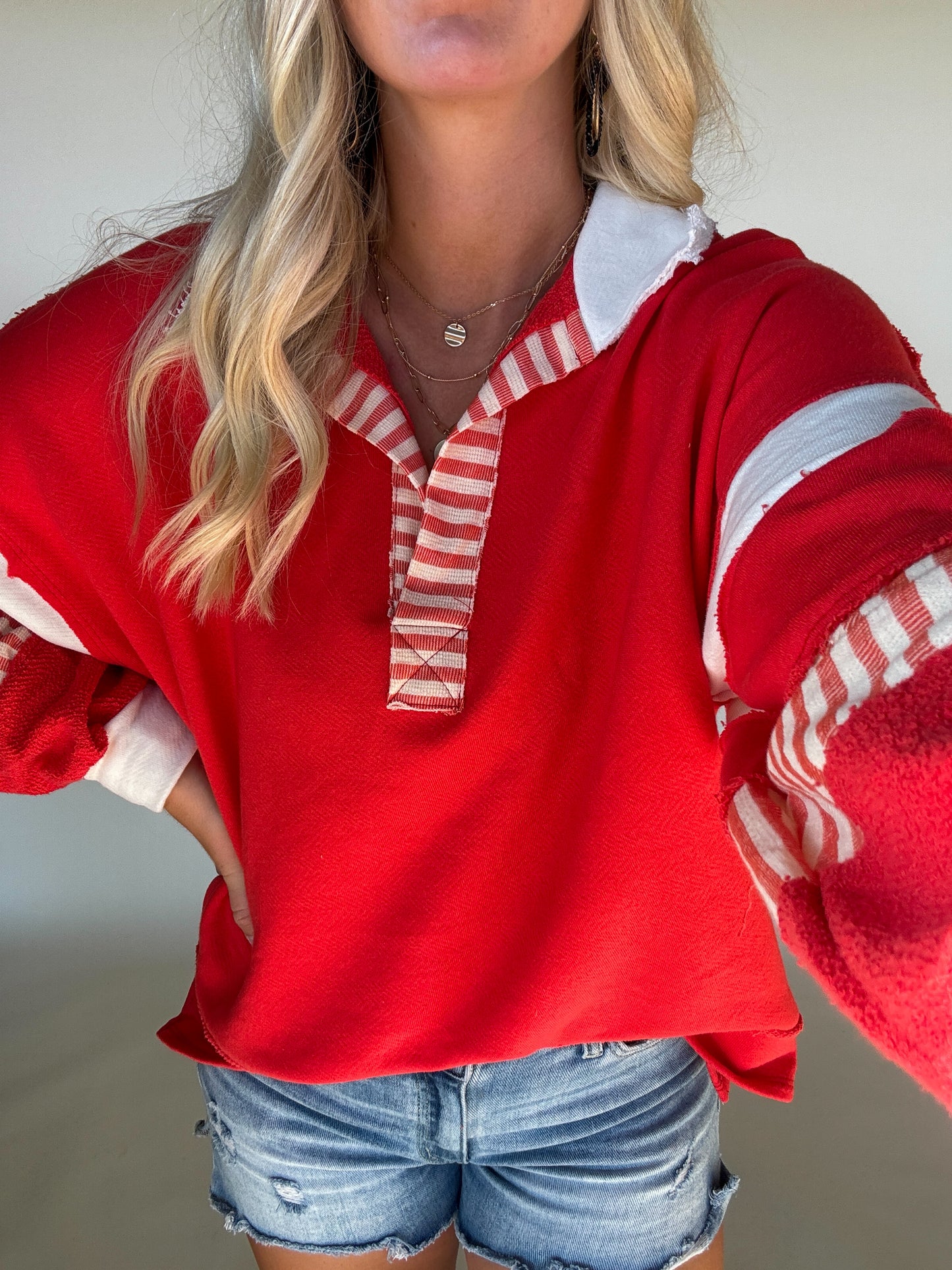 French Terry Knit Color-Block Top - Red