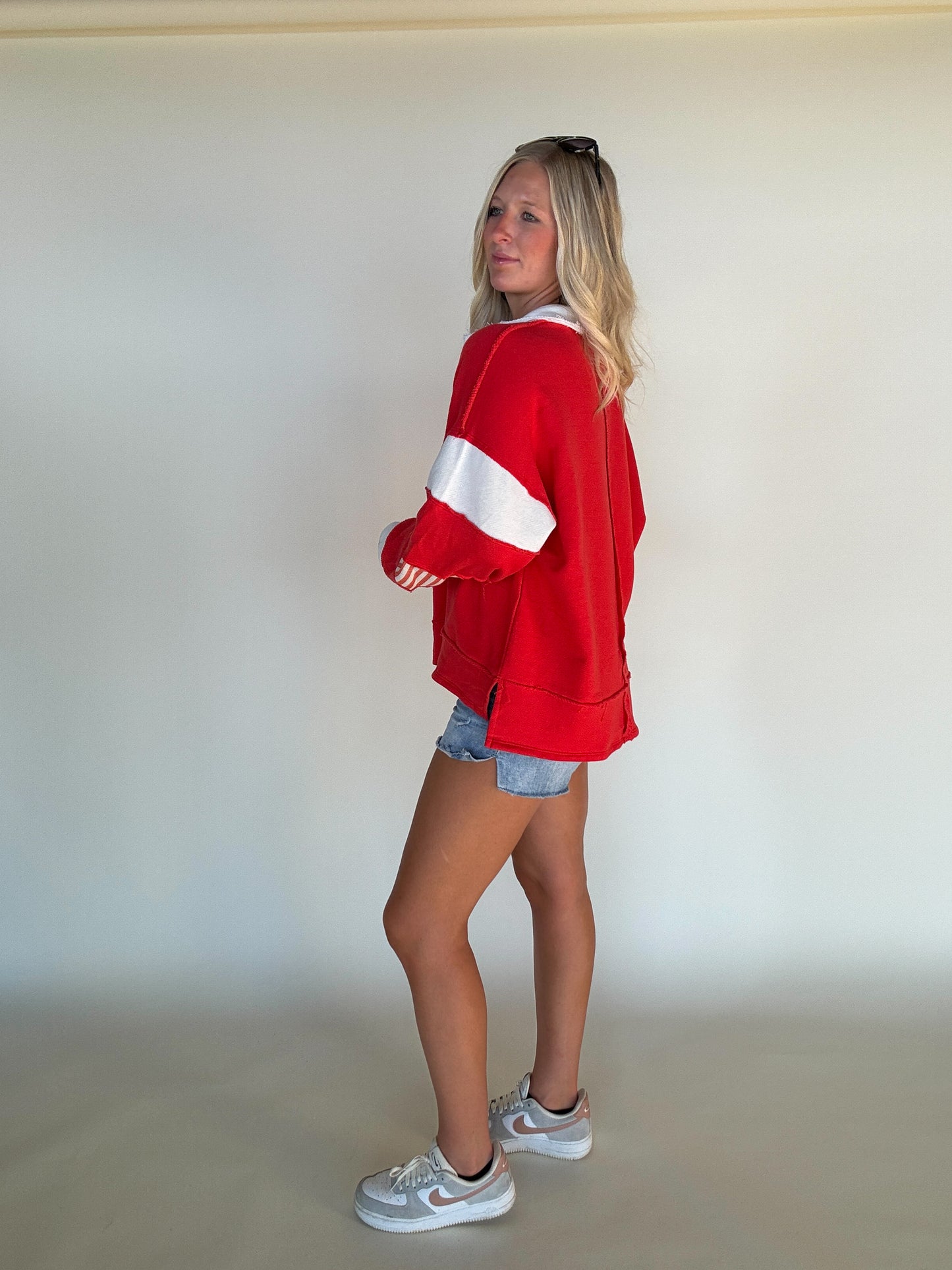 French Terry Knit Color-Block Top - Red