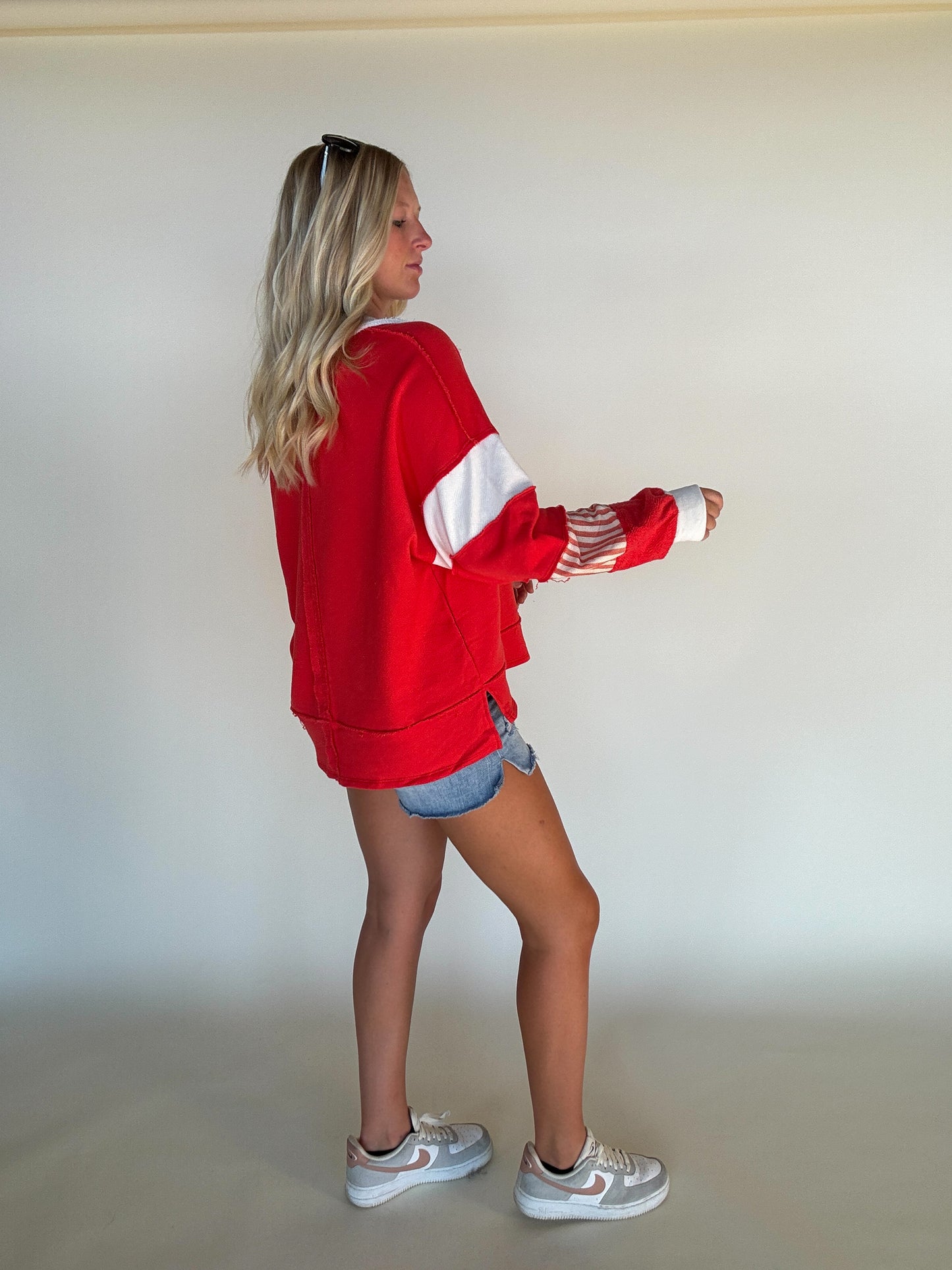 French Terry Knit Color-Block Top - Red