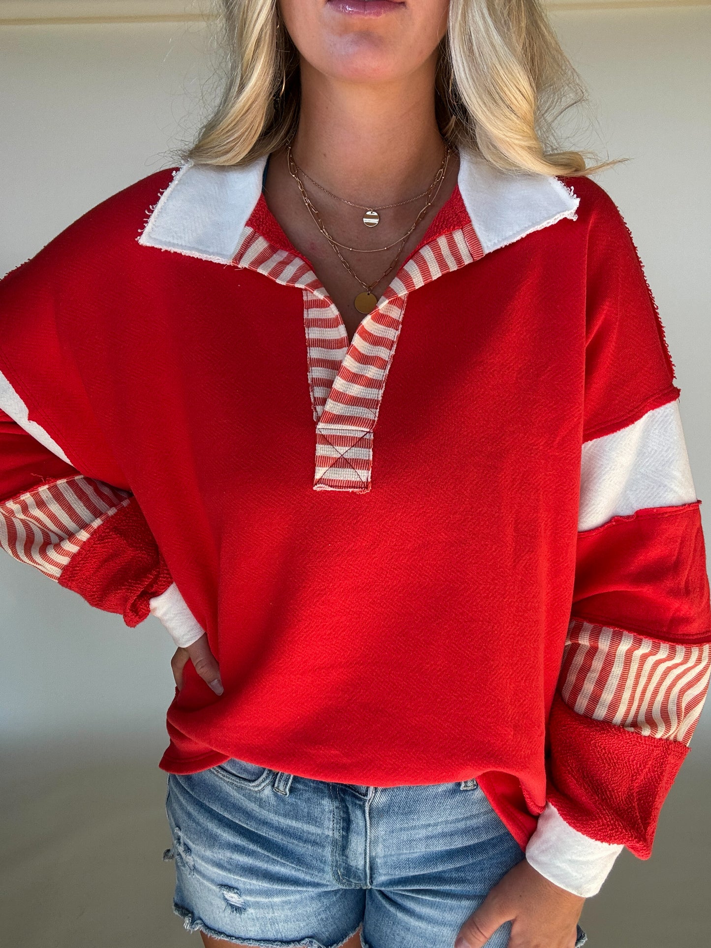 French Terry Knit Color-Block Top - Red