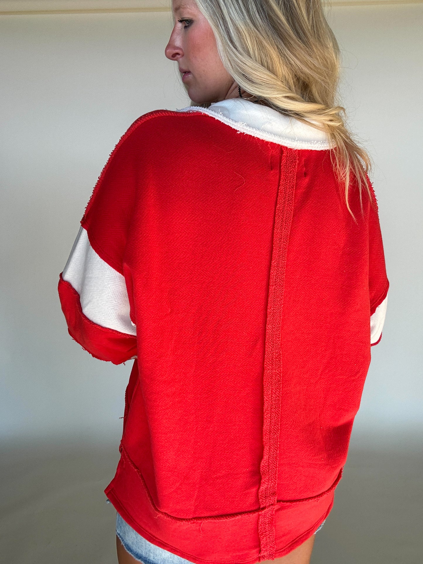 French Terry Knit Color-Block Top - Red