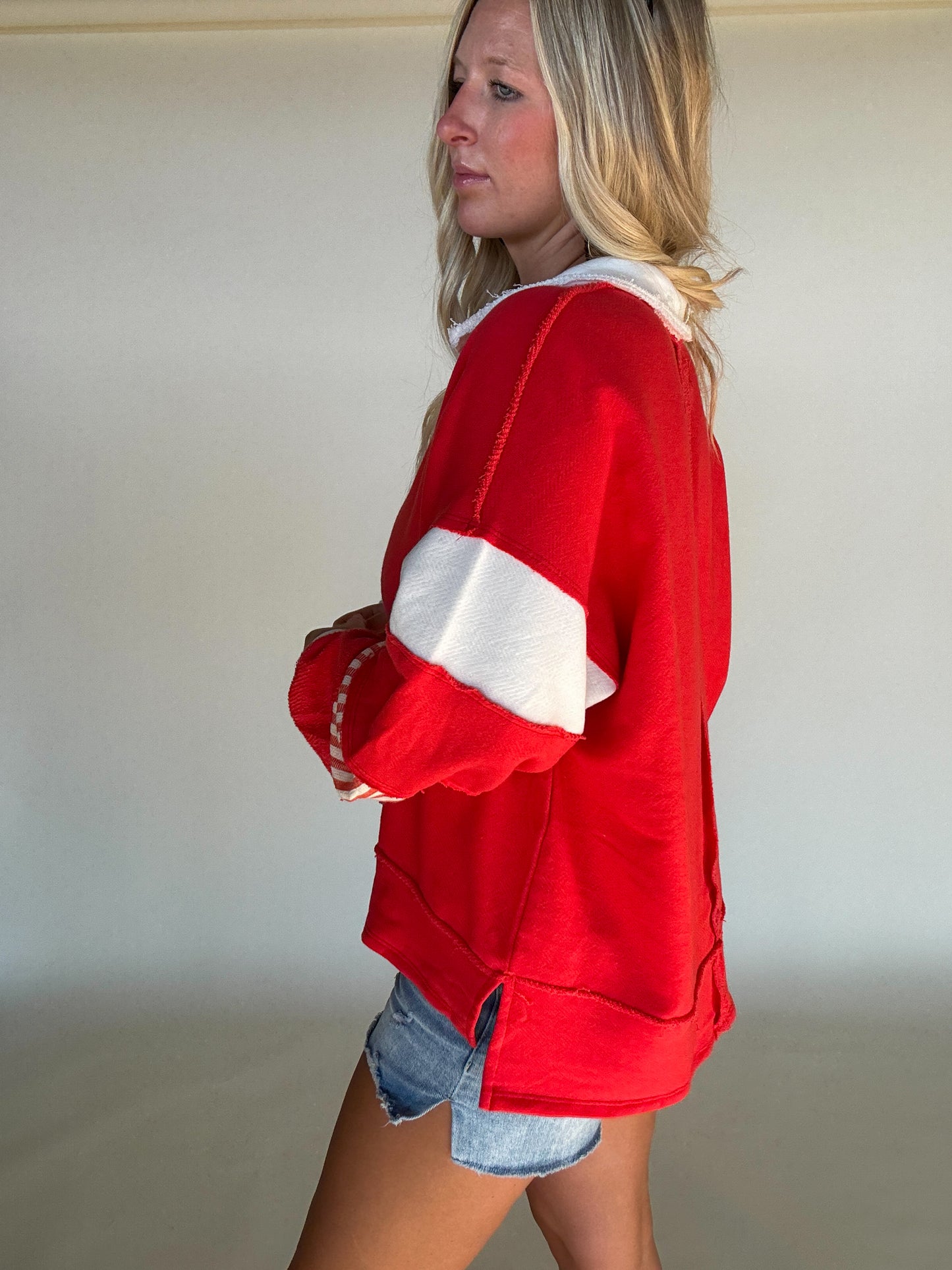 French Terry Knit Color-Block Top - Red