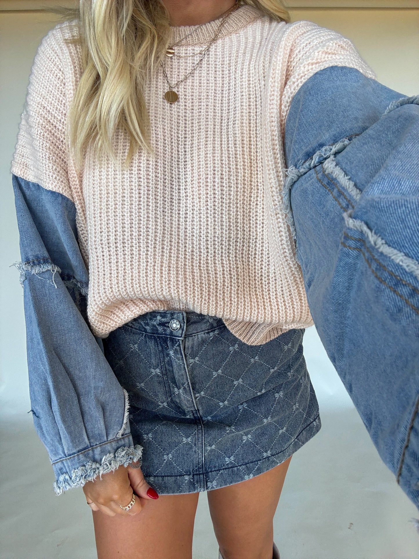 Fall Foliage Denim Sleeve Sweater - Ivory