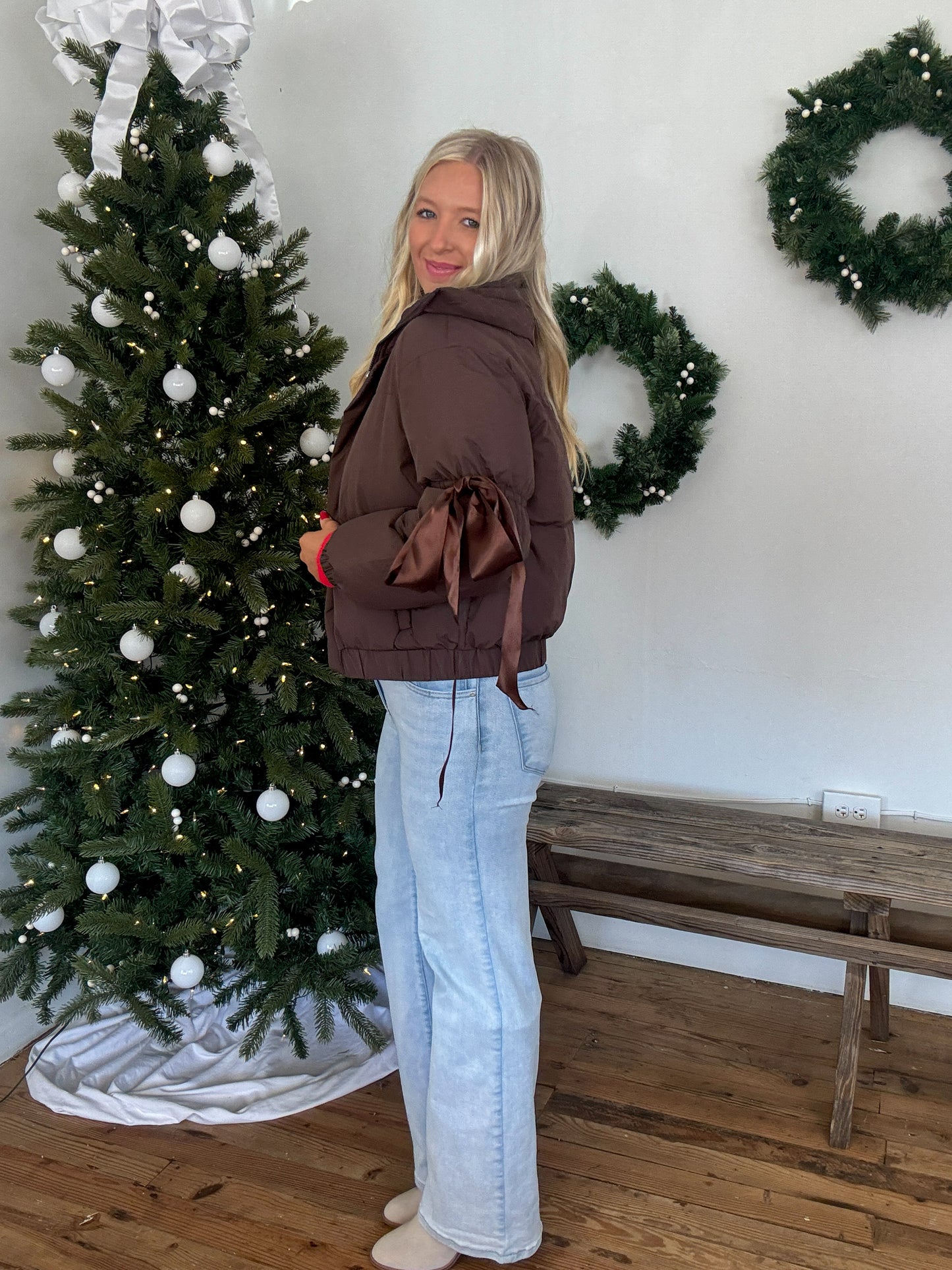 Ribbon Puffer Jacket - Chocolate