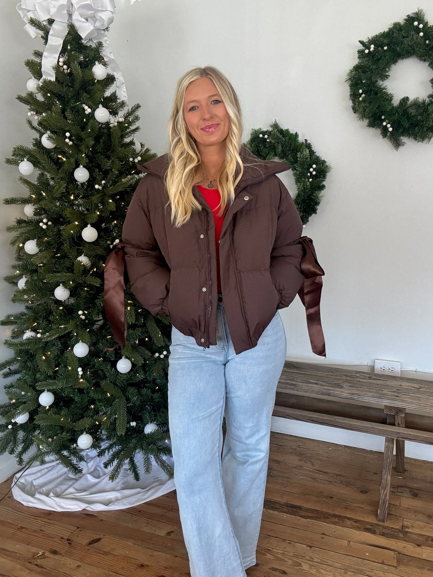Ribbon Puffer Jacket - Chocolate