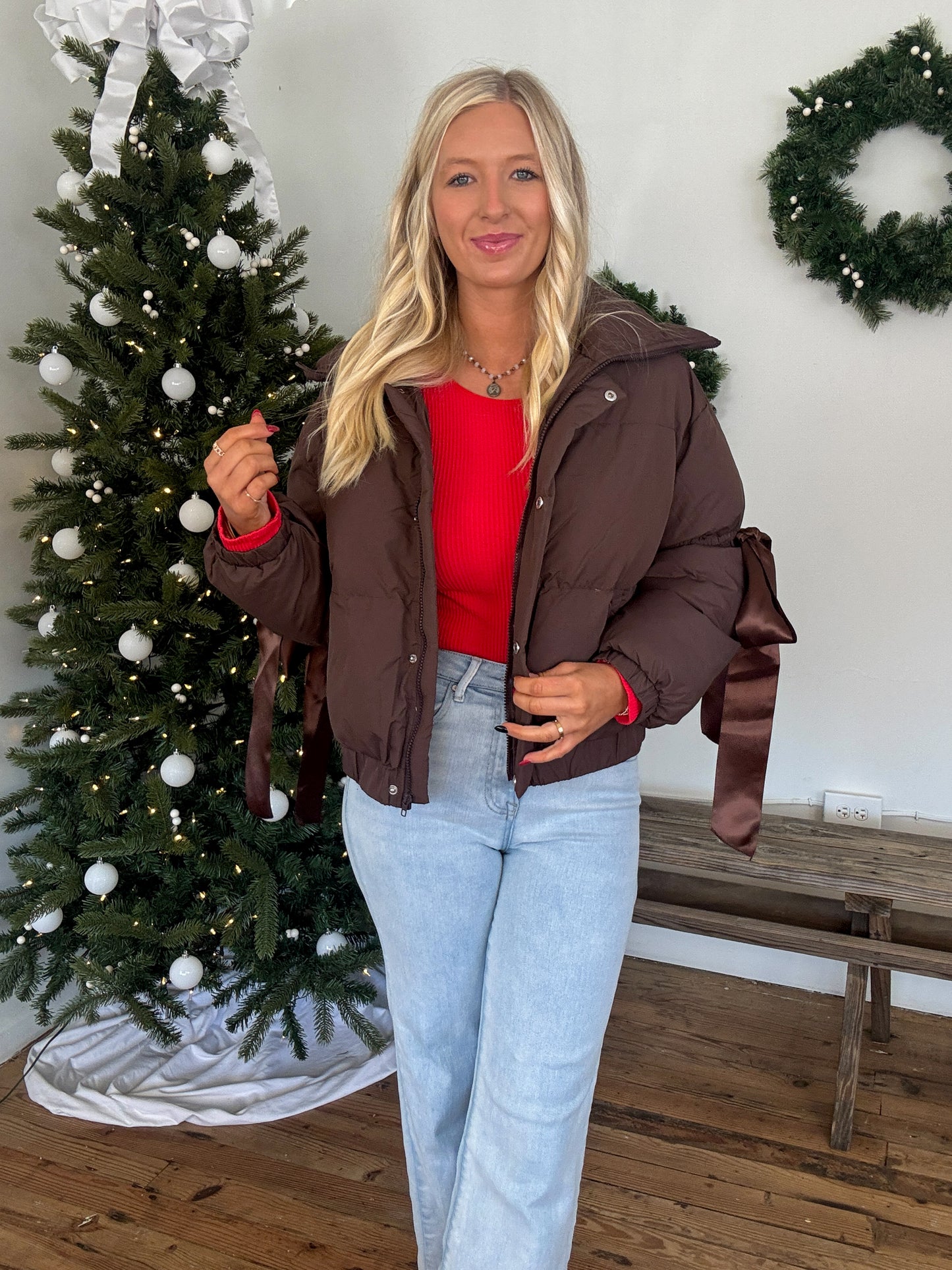 Ribbon Puffer Jacket - Chocolate