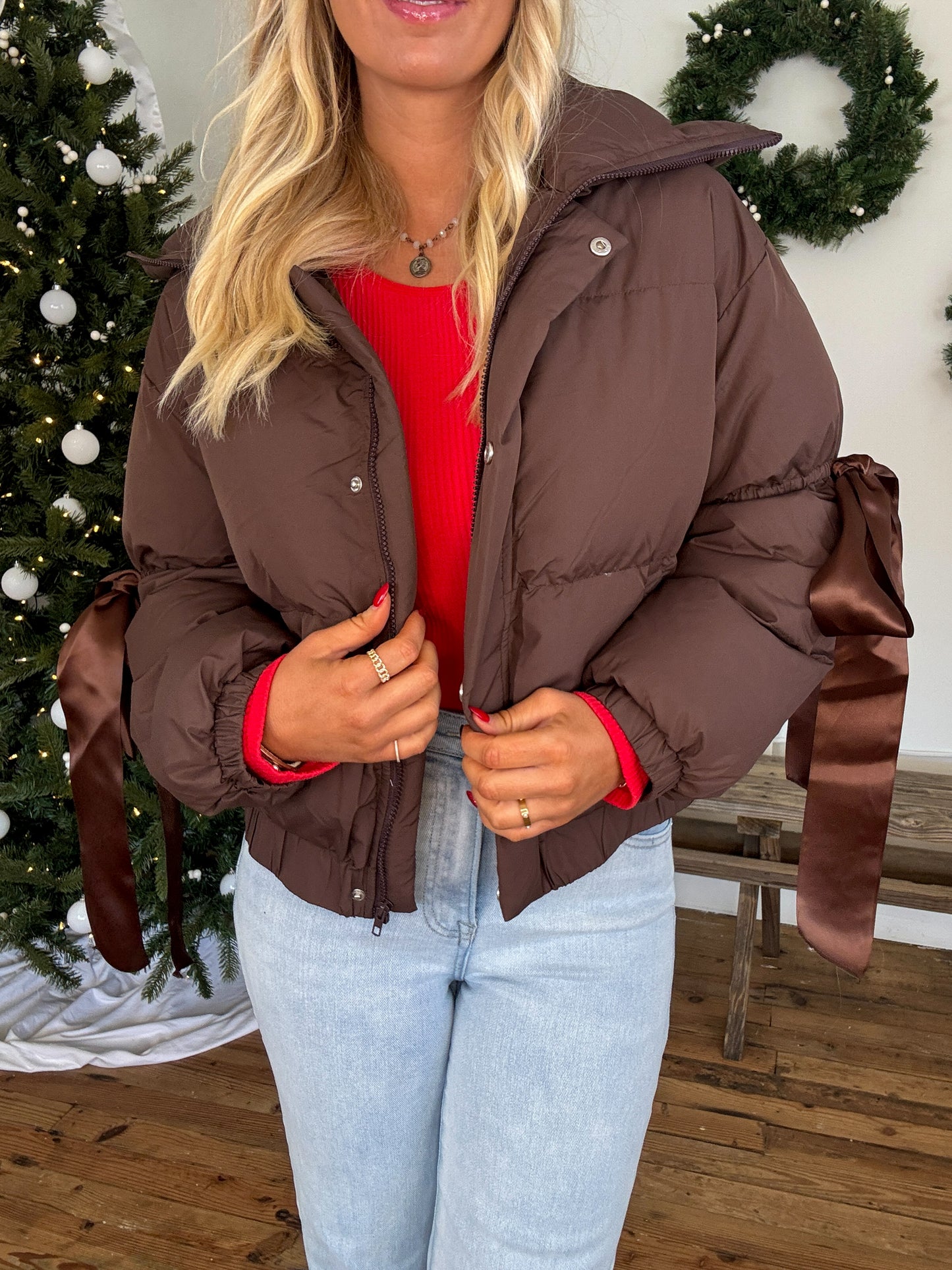 Ribbon Puffer Jacket - Chocolate