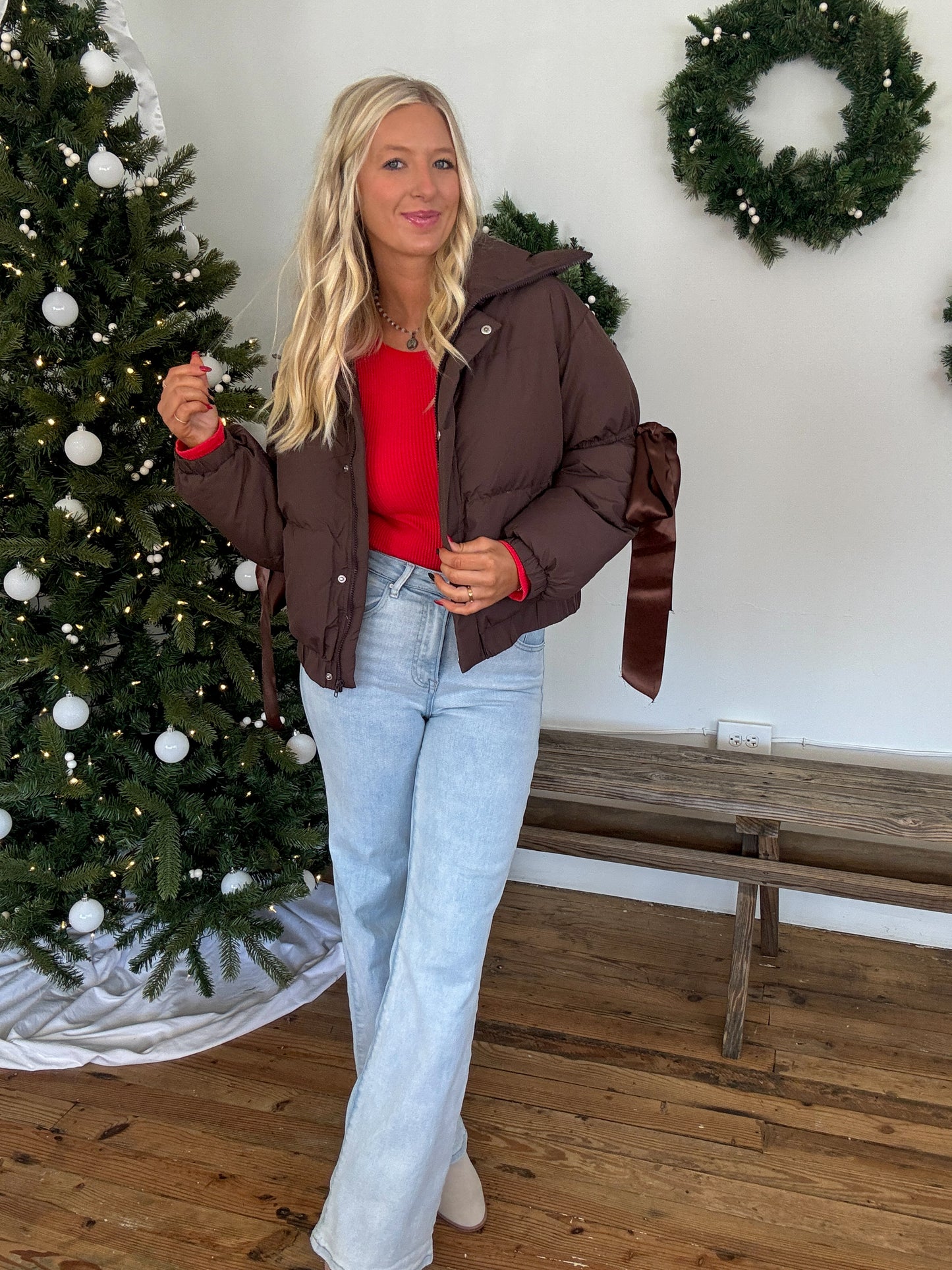 Ribbon Puffer Jacket - Chocolate