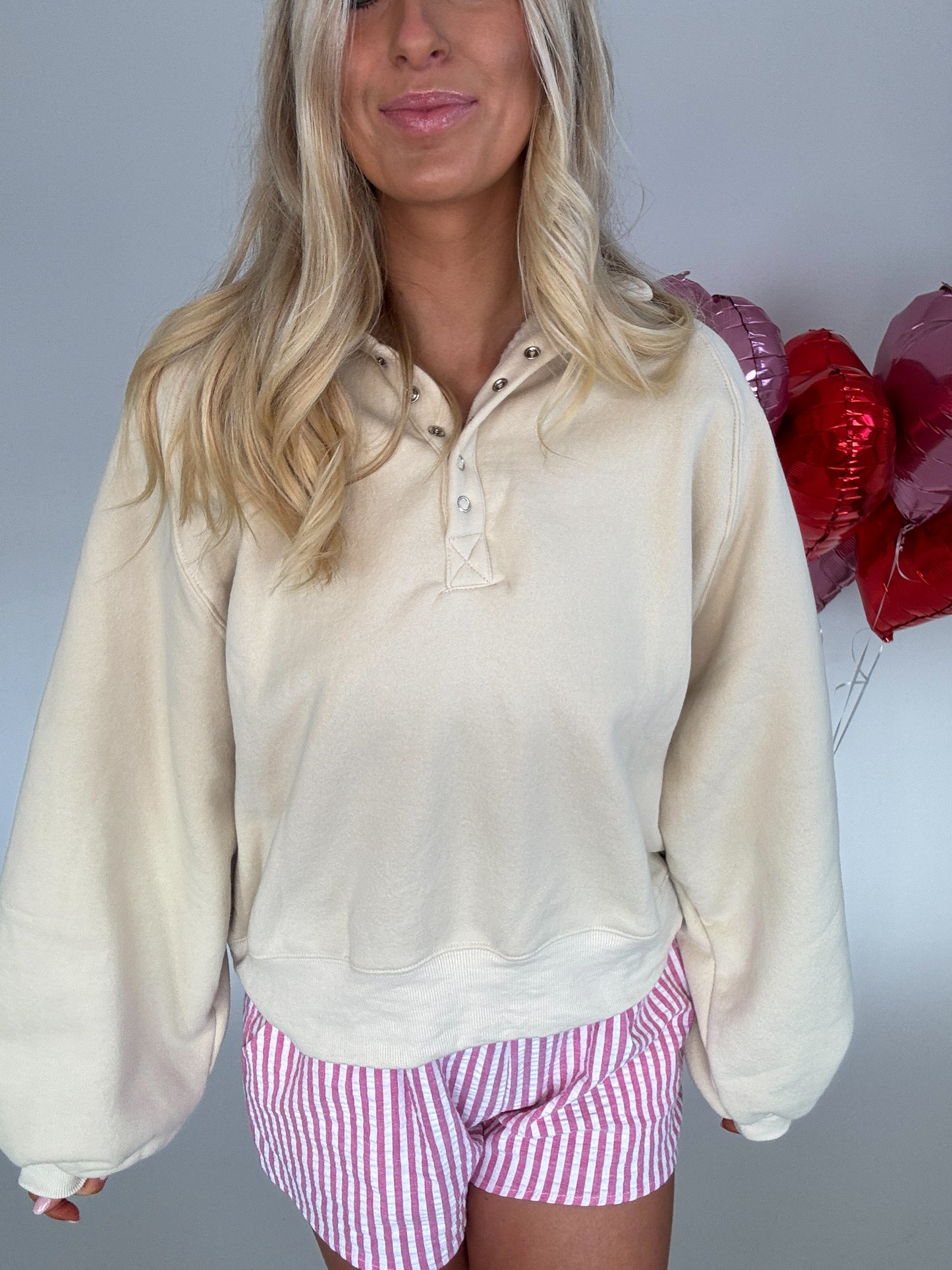 Catch My Vibe Button Pullover - Cream