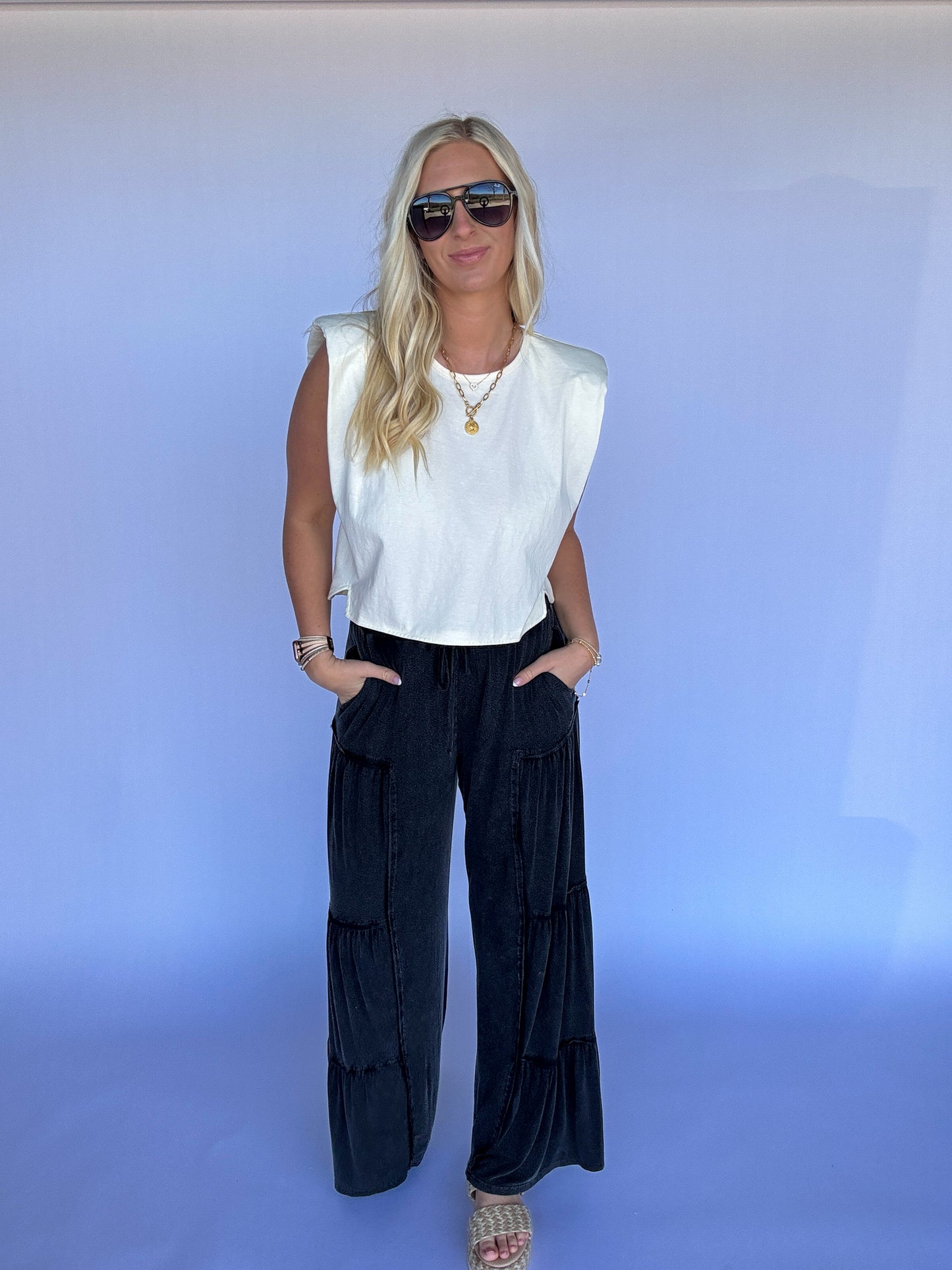 Wide Leg Tiered Pants - Black