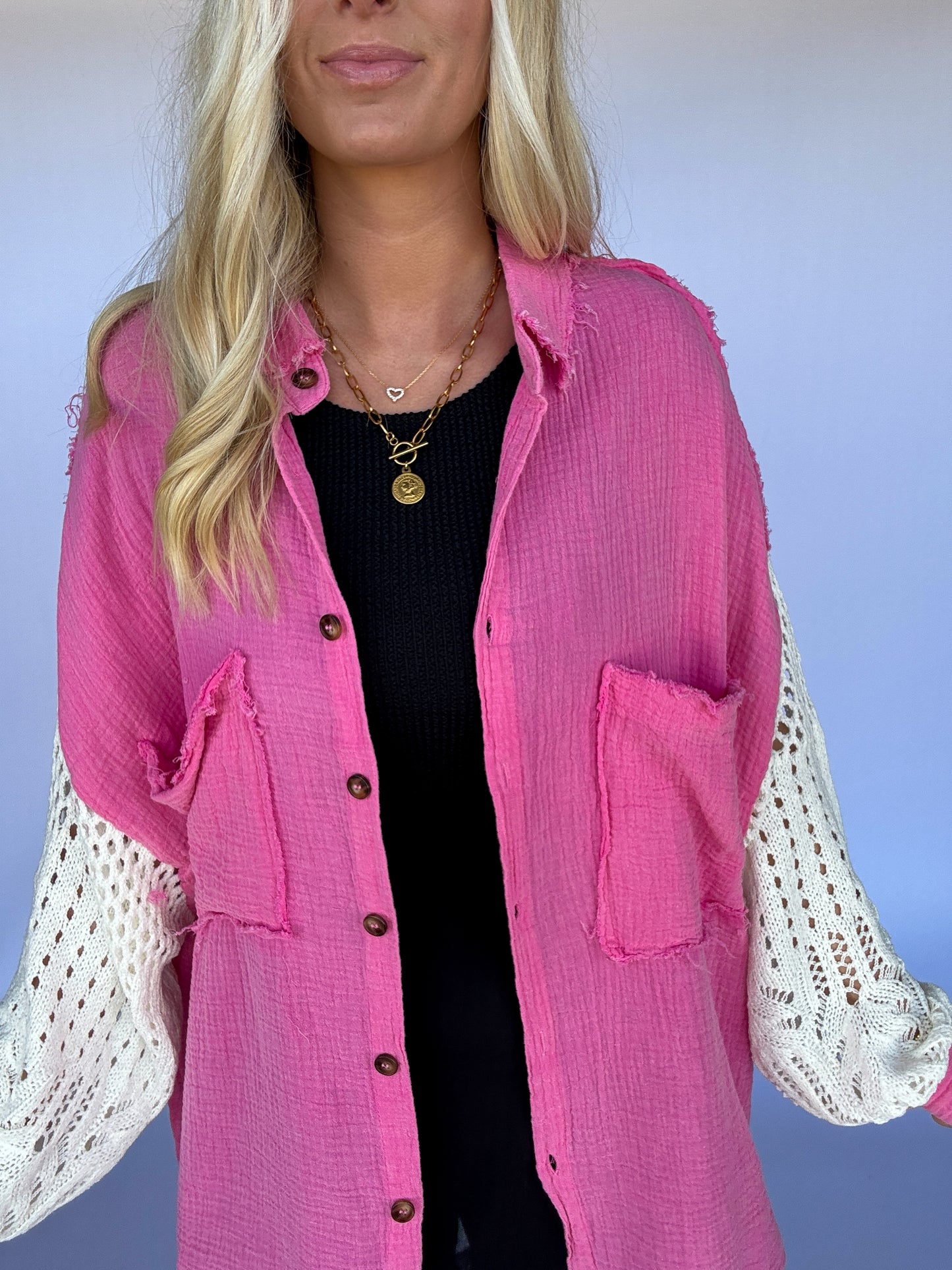 Crochet Sleeve Button Up - Bubble Gum