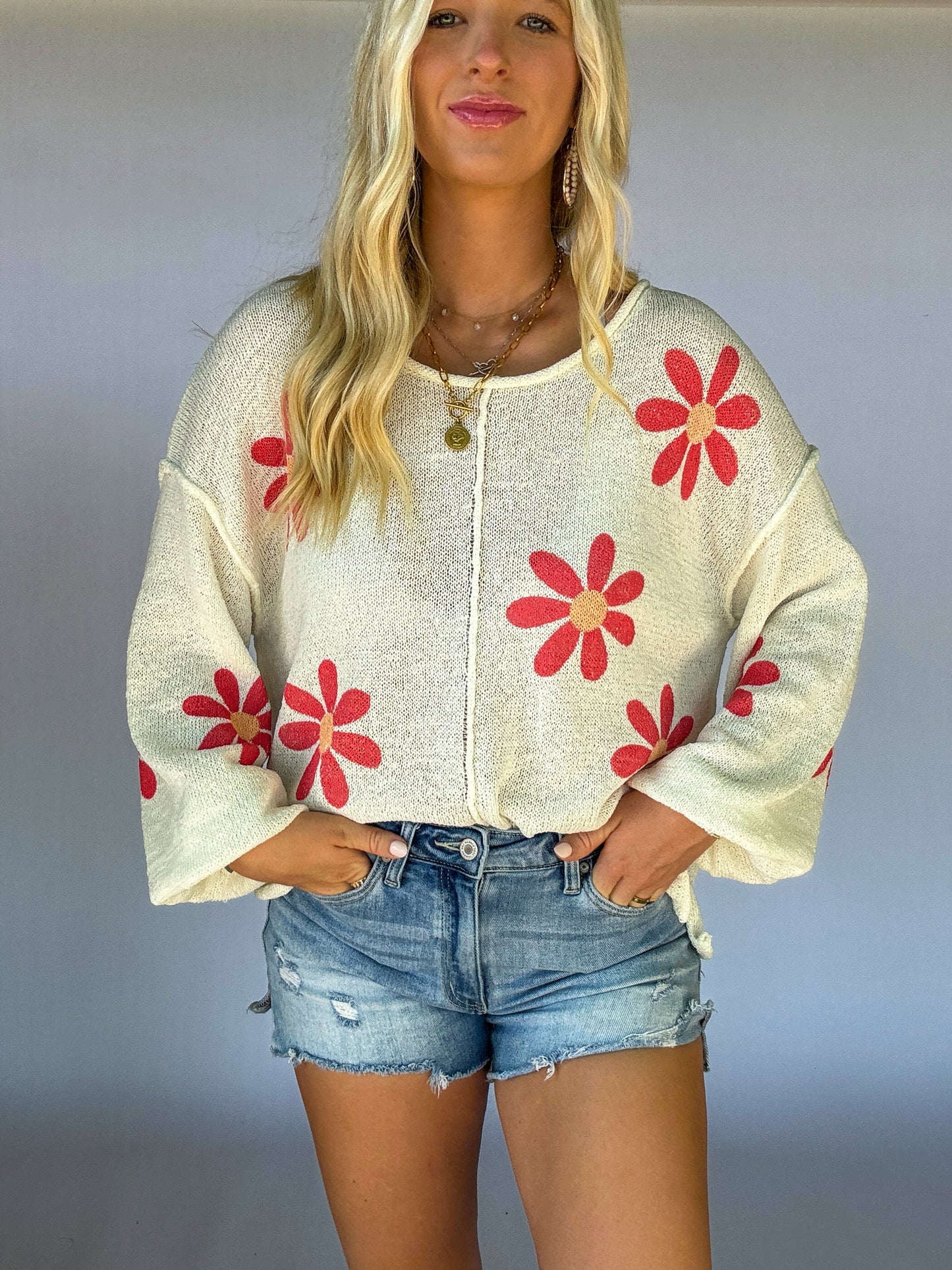Golden Days Lightweight Sweater - Ivory/coral