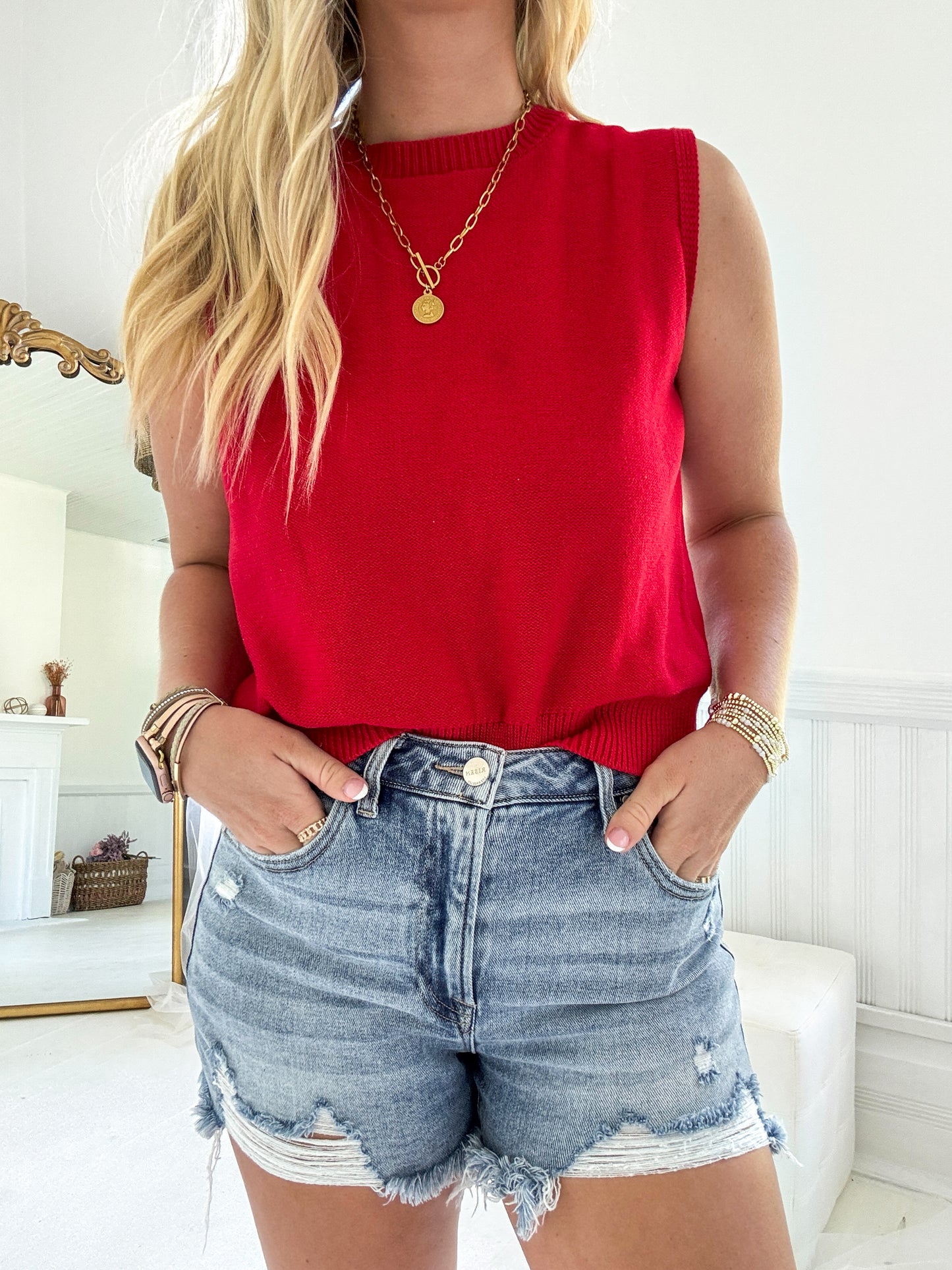 Girlie Bow Sweater Top - Red/White