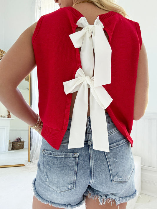 Girlie Bow Sweater Top - Red/White