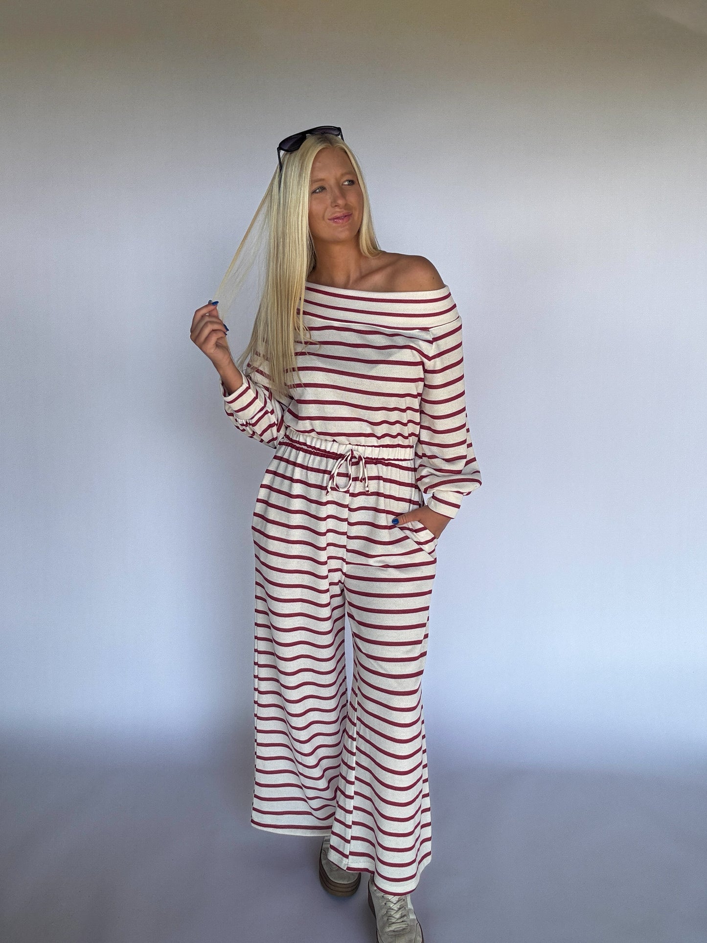 Shayla Striped Terry Jumpsuit - Off white/red