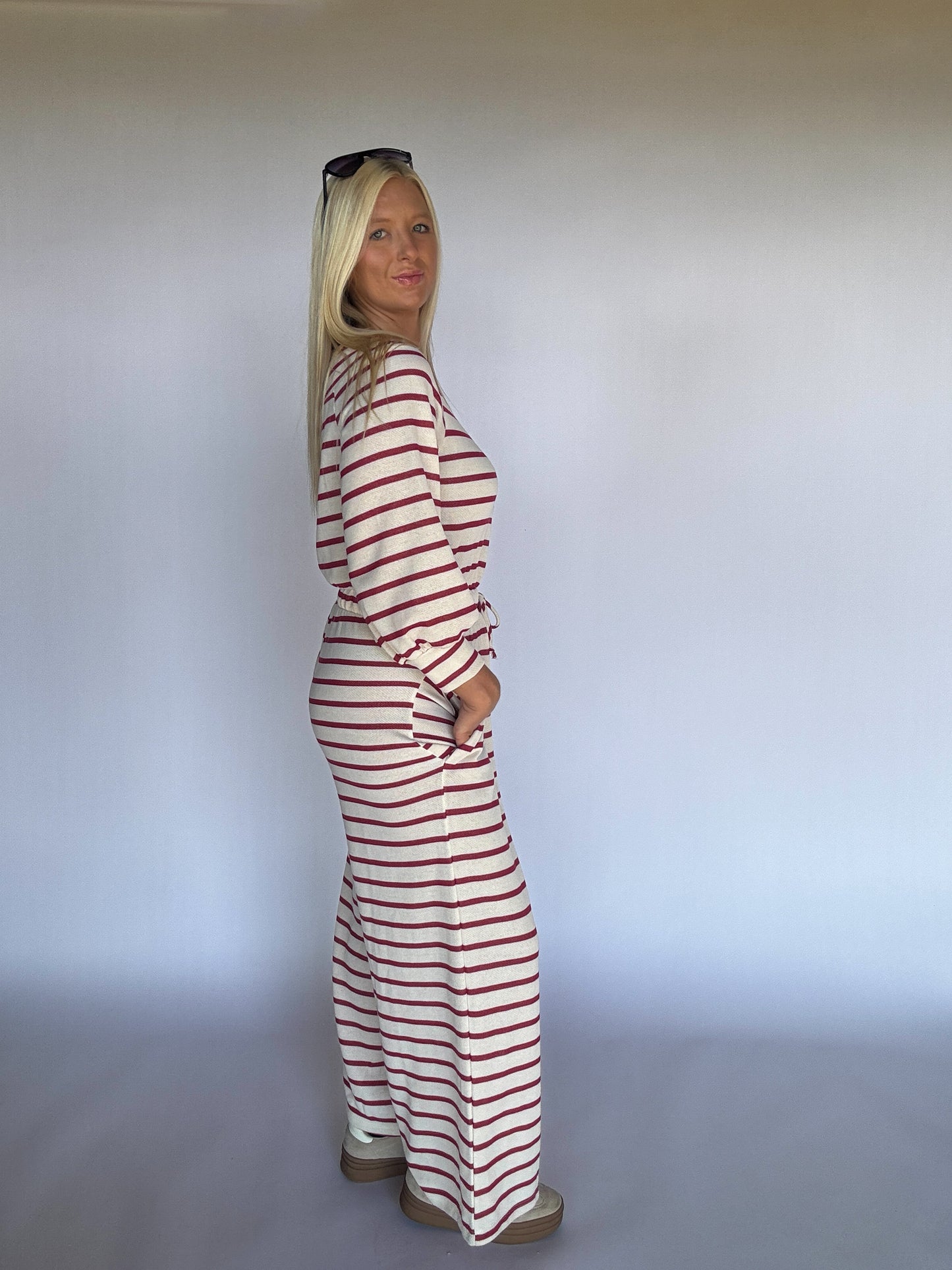 Shayla Striped Terry Jumpsuit - Off white/red
