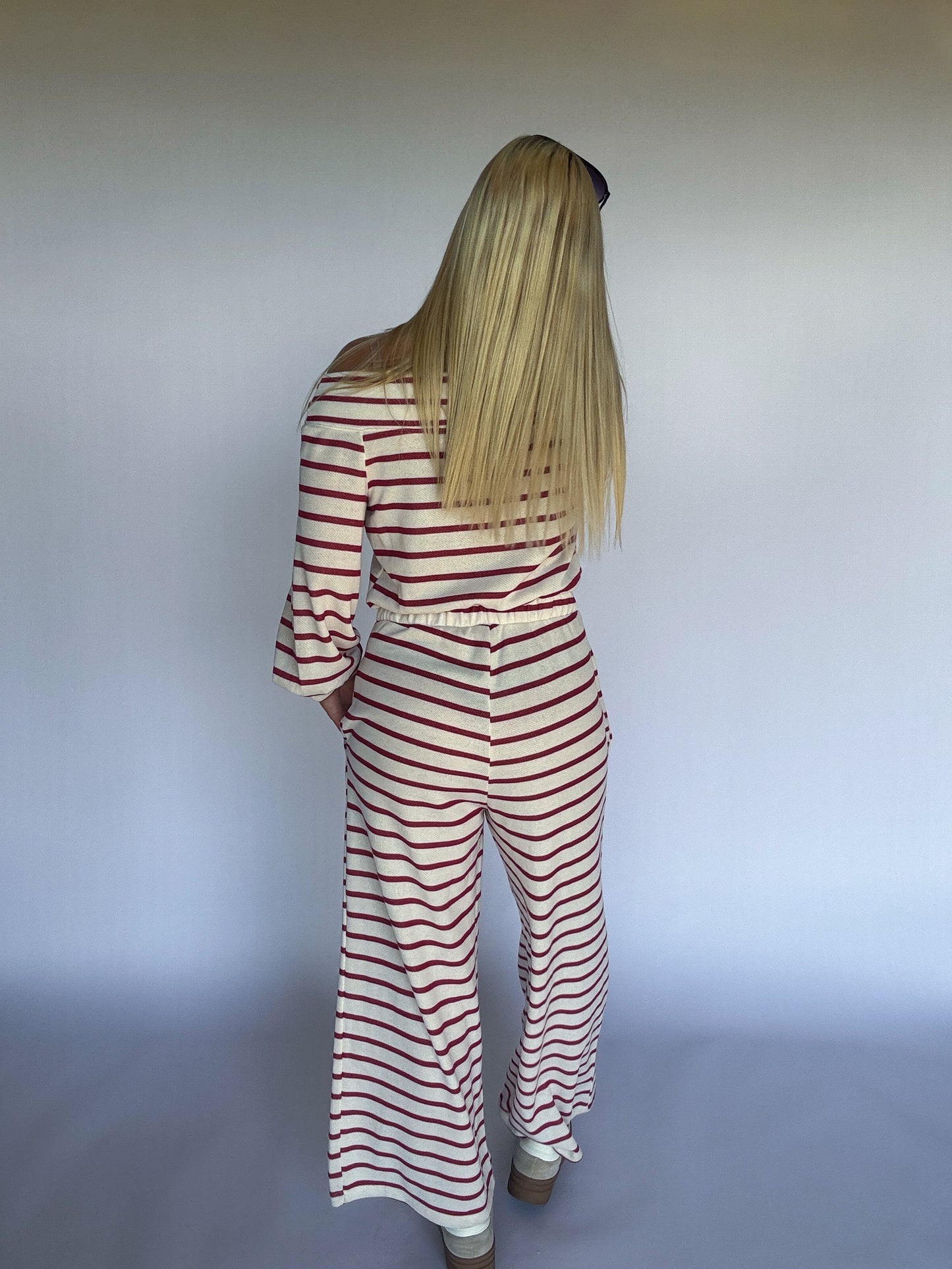 Shayla Striped Terry Jumpsuit - Off white/red