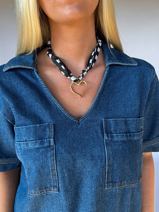 Checkered Black Heart Scarf Necklace