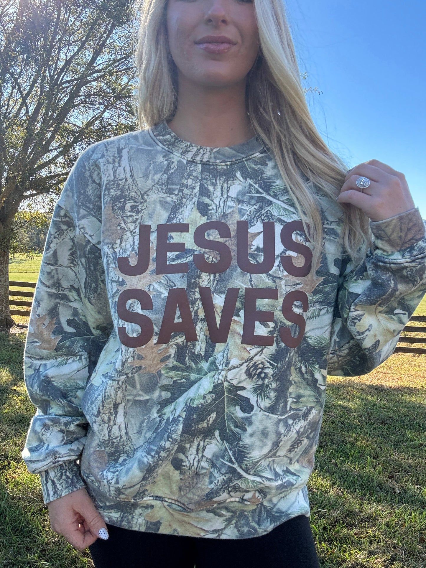 JESUS SAVES Camo Crewneck
