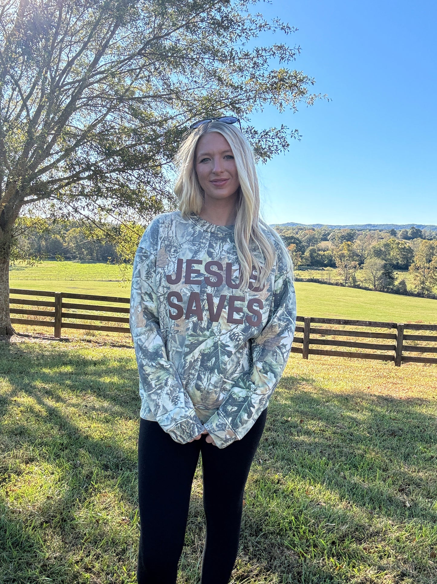 JESUS SAVES Camo Crewneck