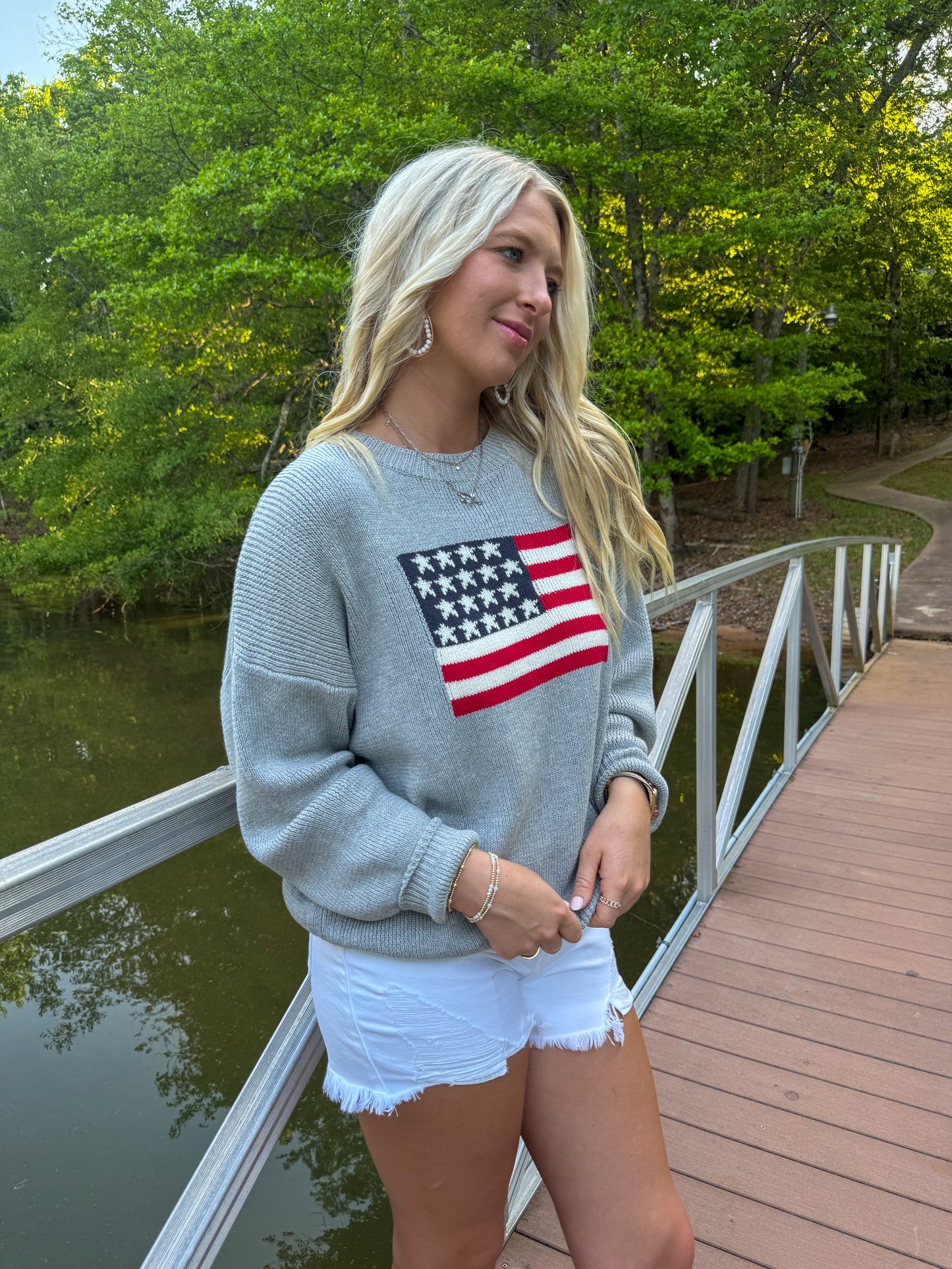 American Flag Oversized Sweater - Heather Gray