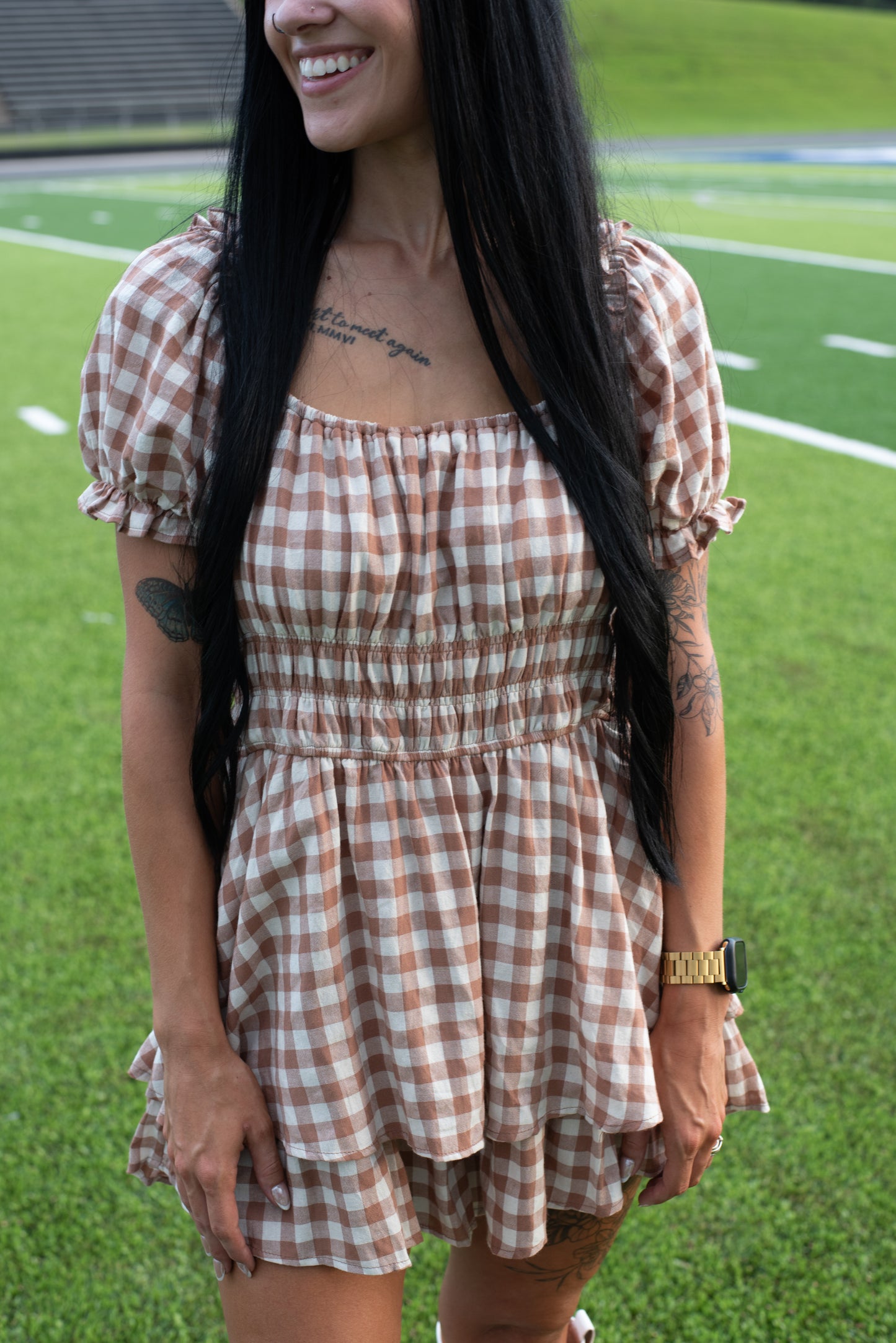 Monica Gingham Romper - Mocha