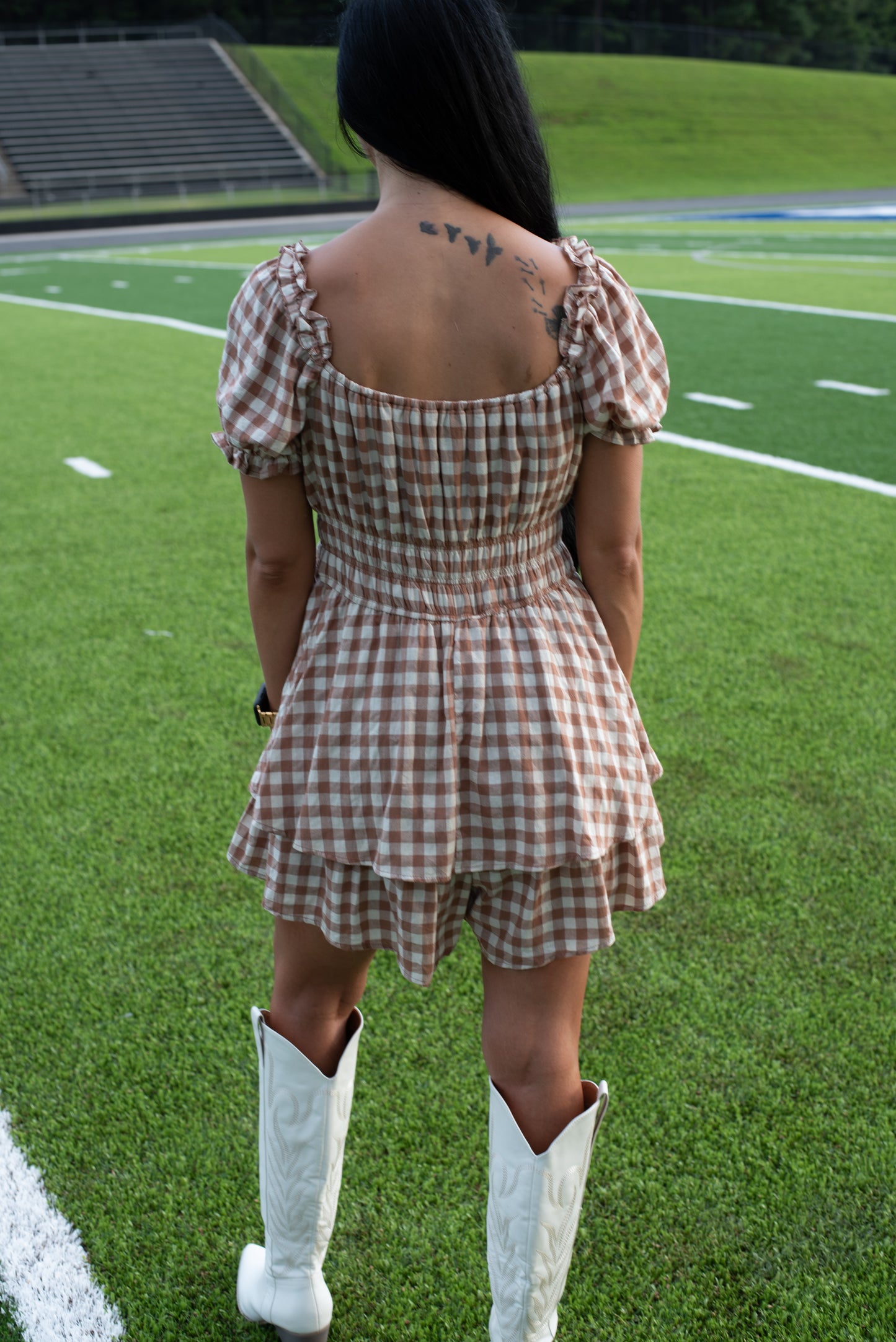 Monica Gingham Romper - Mocha