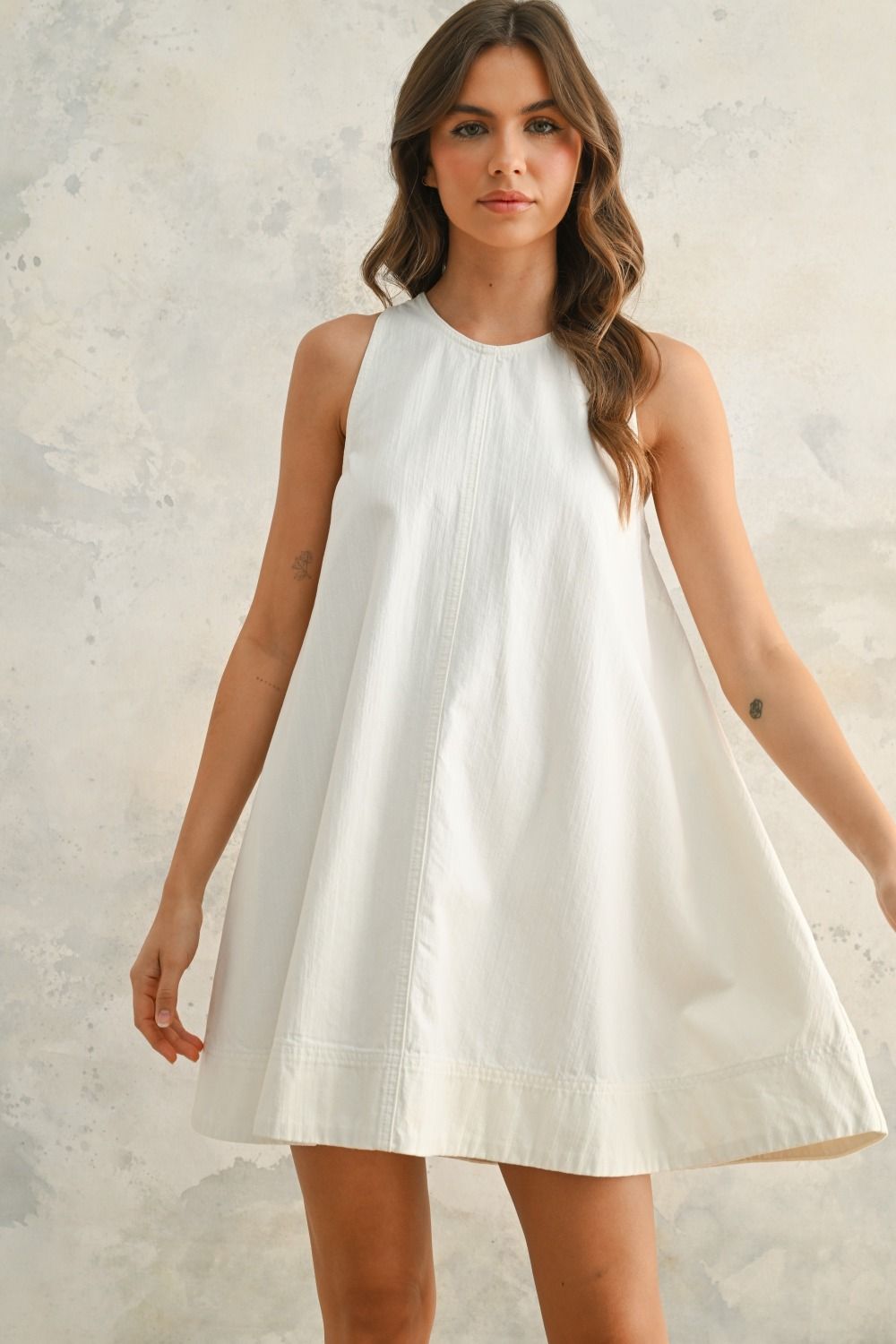 Kari Stitch Mini Denim Dress - White