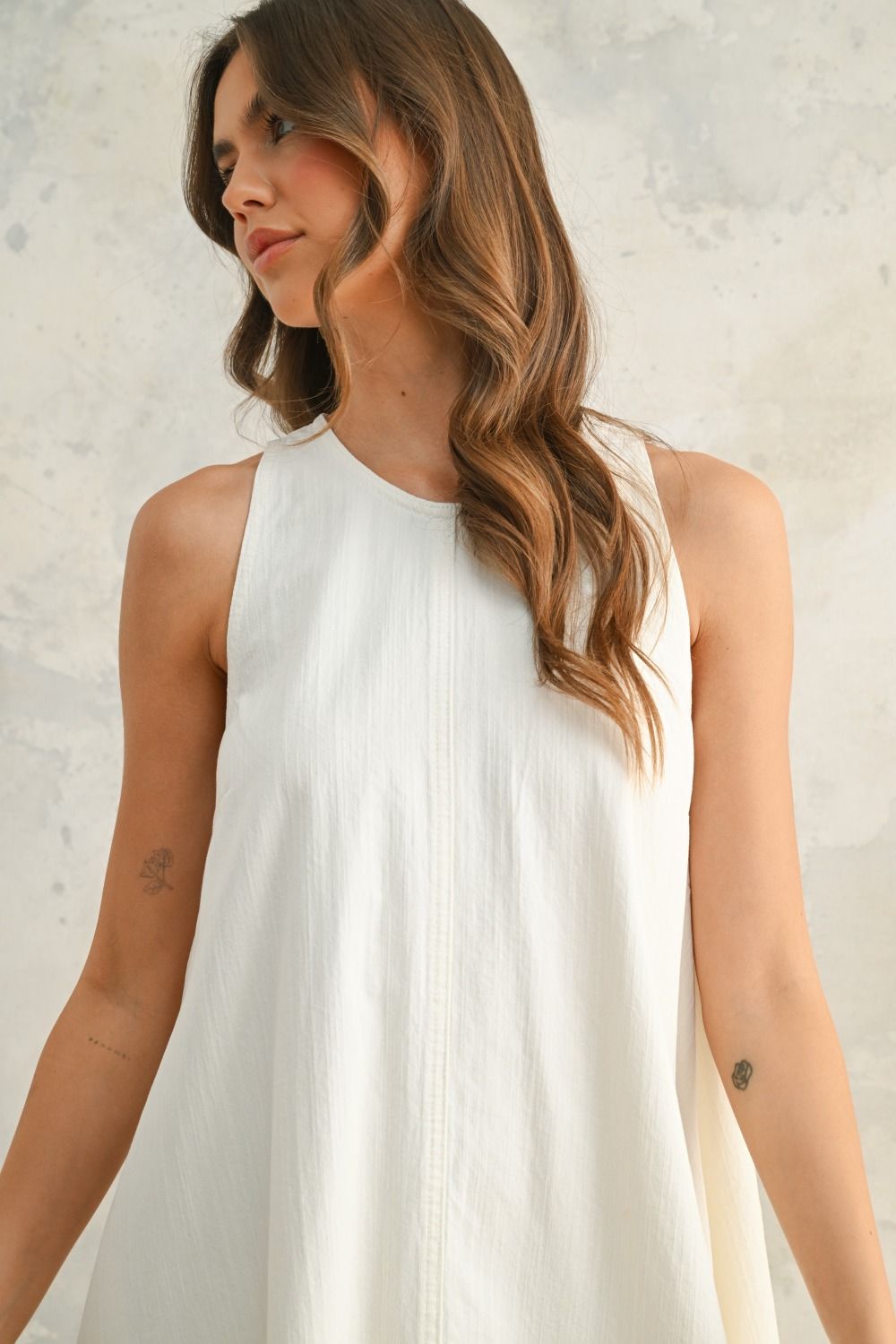 Kari Stitch Mini Denim Dress - White