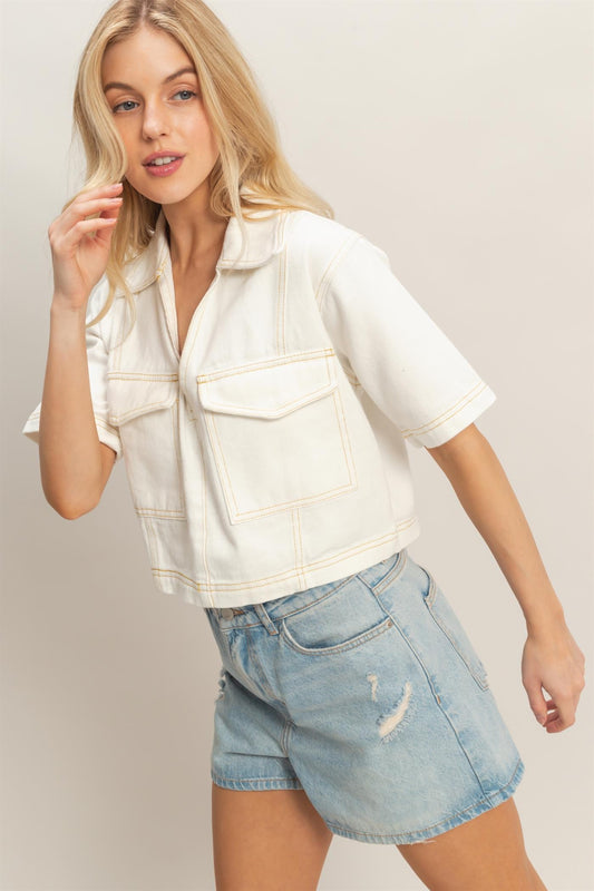 Demi Denim V-Neck Top - White