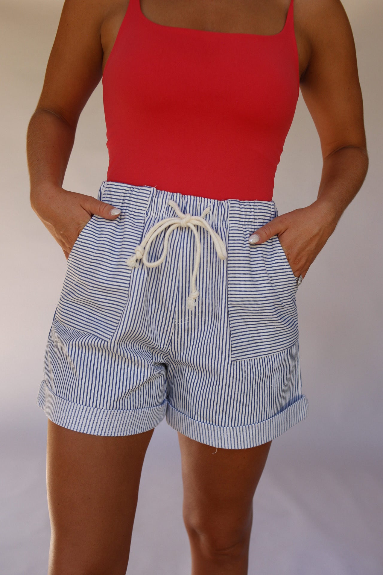 Cotton Striped Twill Shorts - Blue