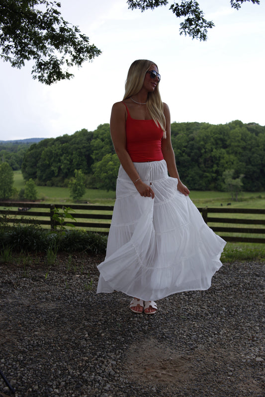 Palm Crush Tiered Maxi Skirt - White
