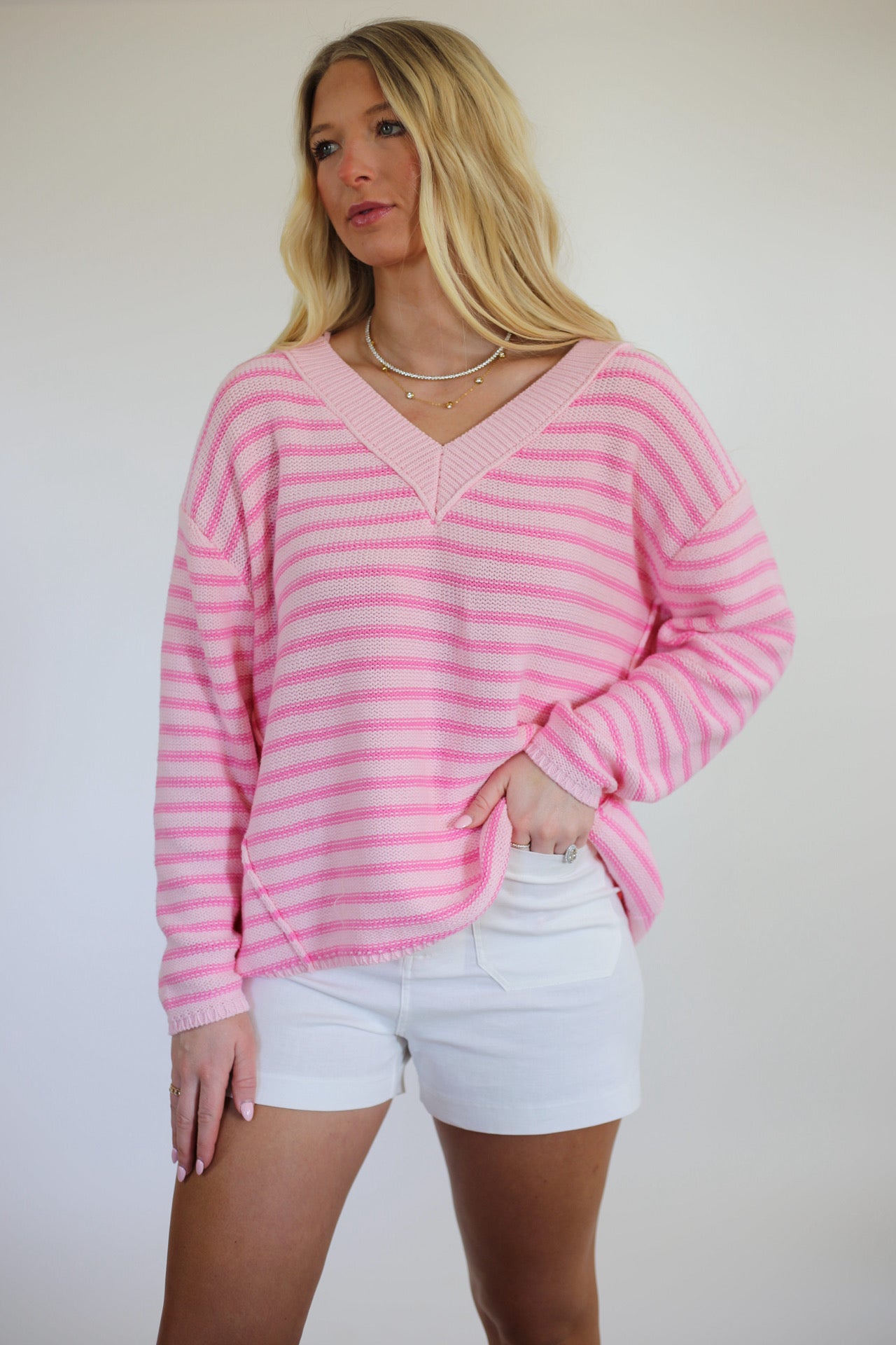 Daisy Stripe Sweater - Blush/Pink