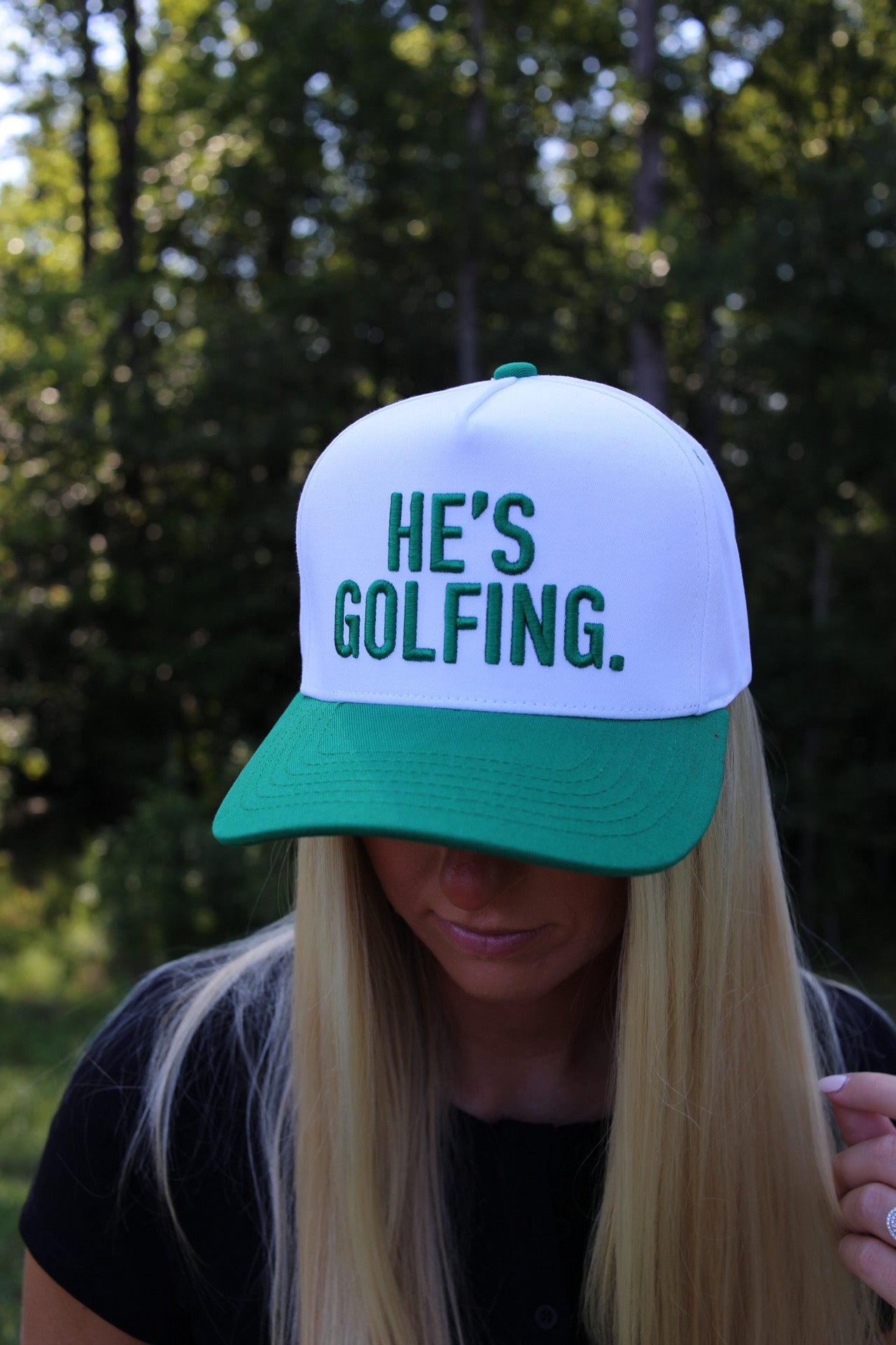 "He's Golfing" Embroidered Two Tone Hat - Green