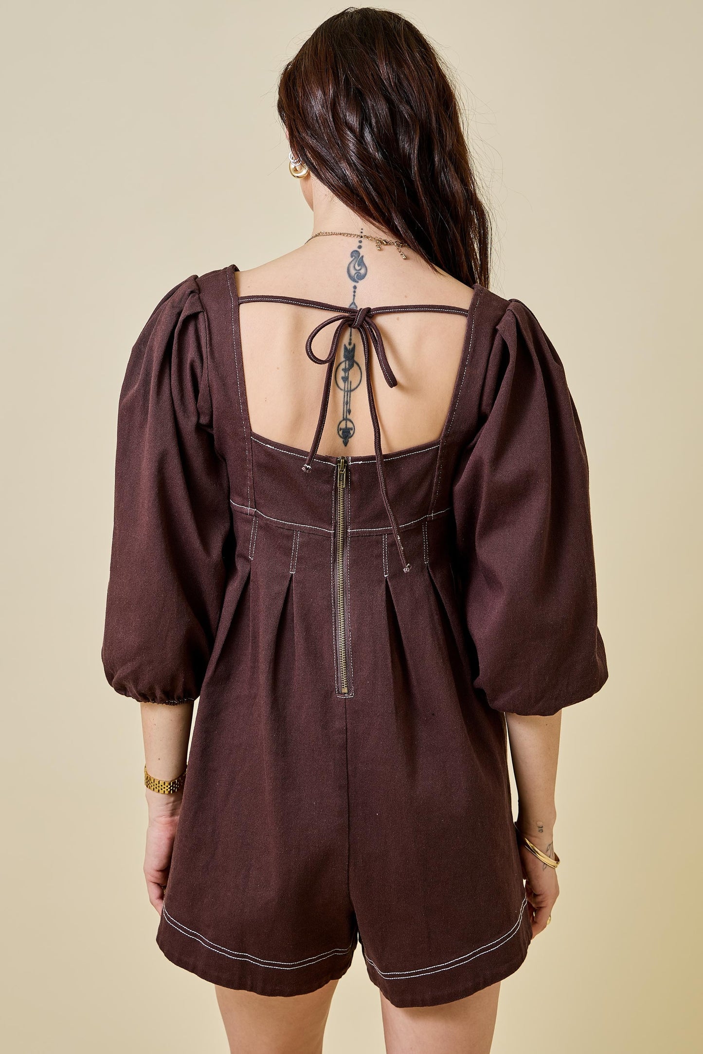 Mallie Denim Romper - Brown