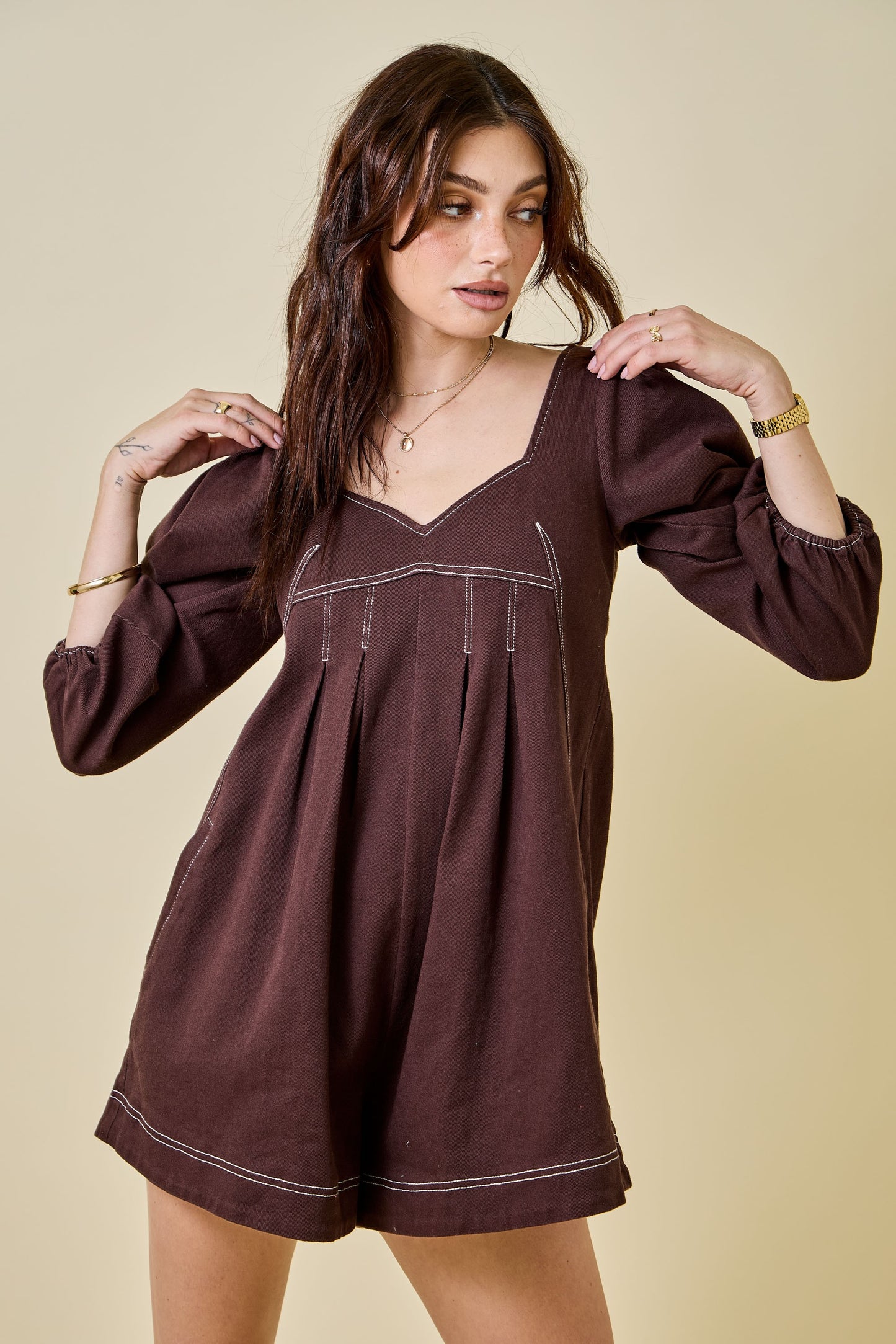 Mallie Denim Romper - Brown