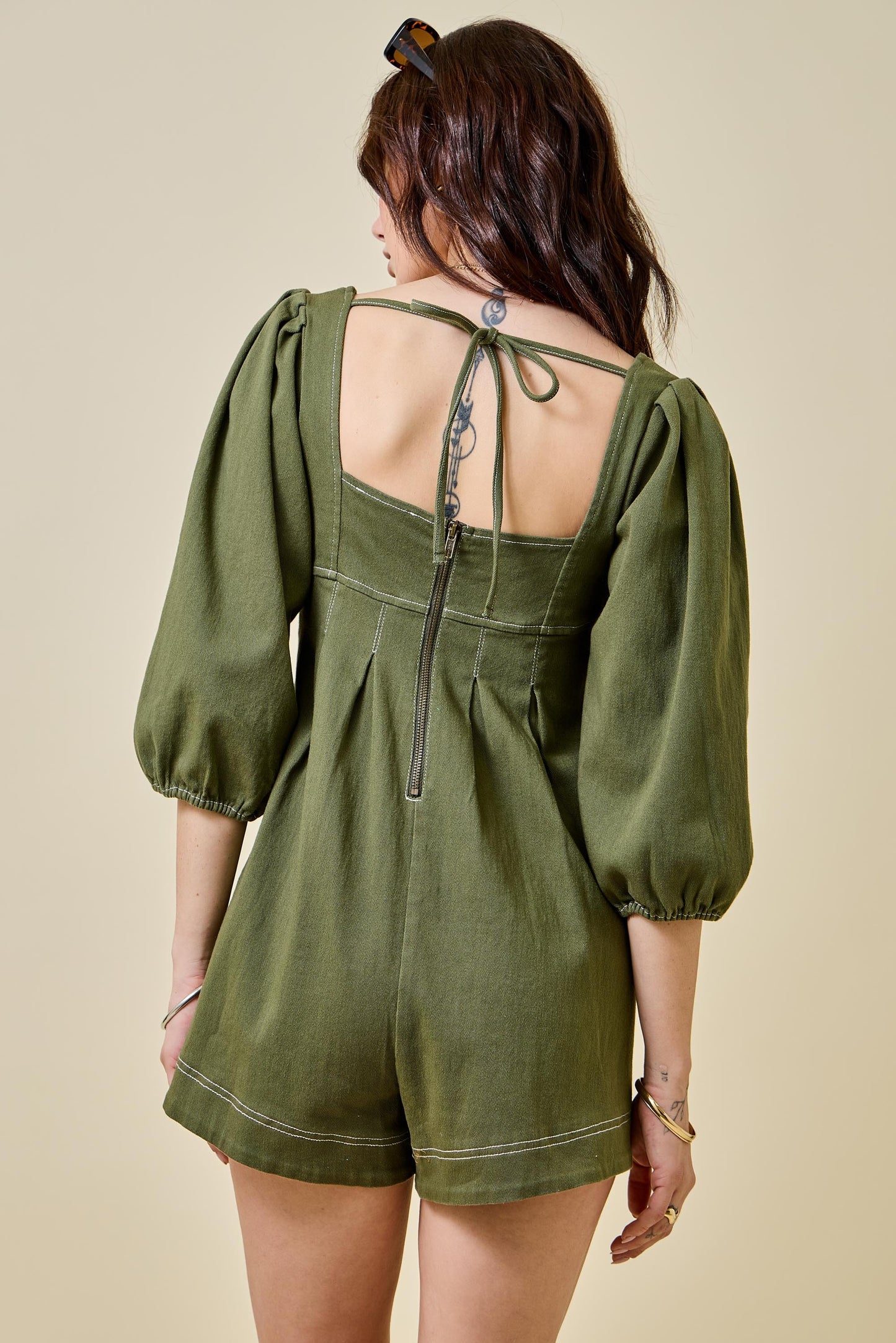 Mallie Denim Romper - Olive