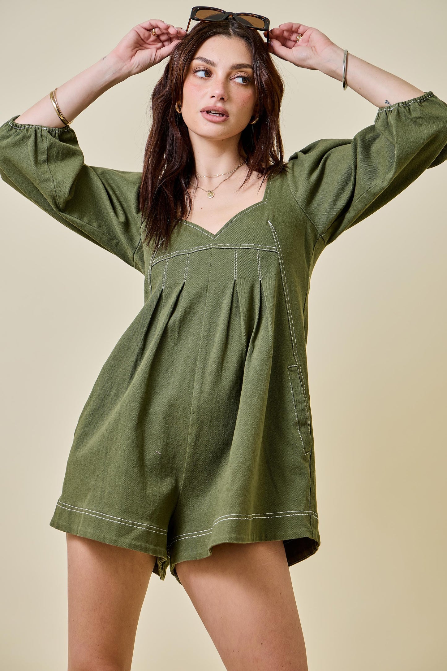 Mallie Denim Romper - Olive