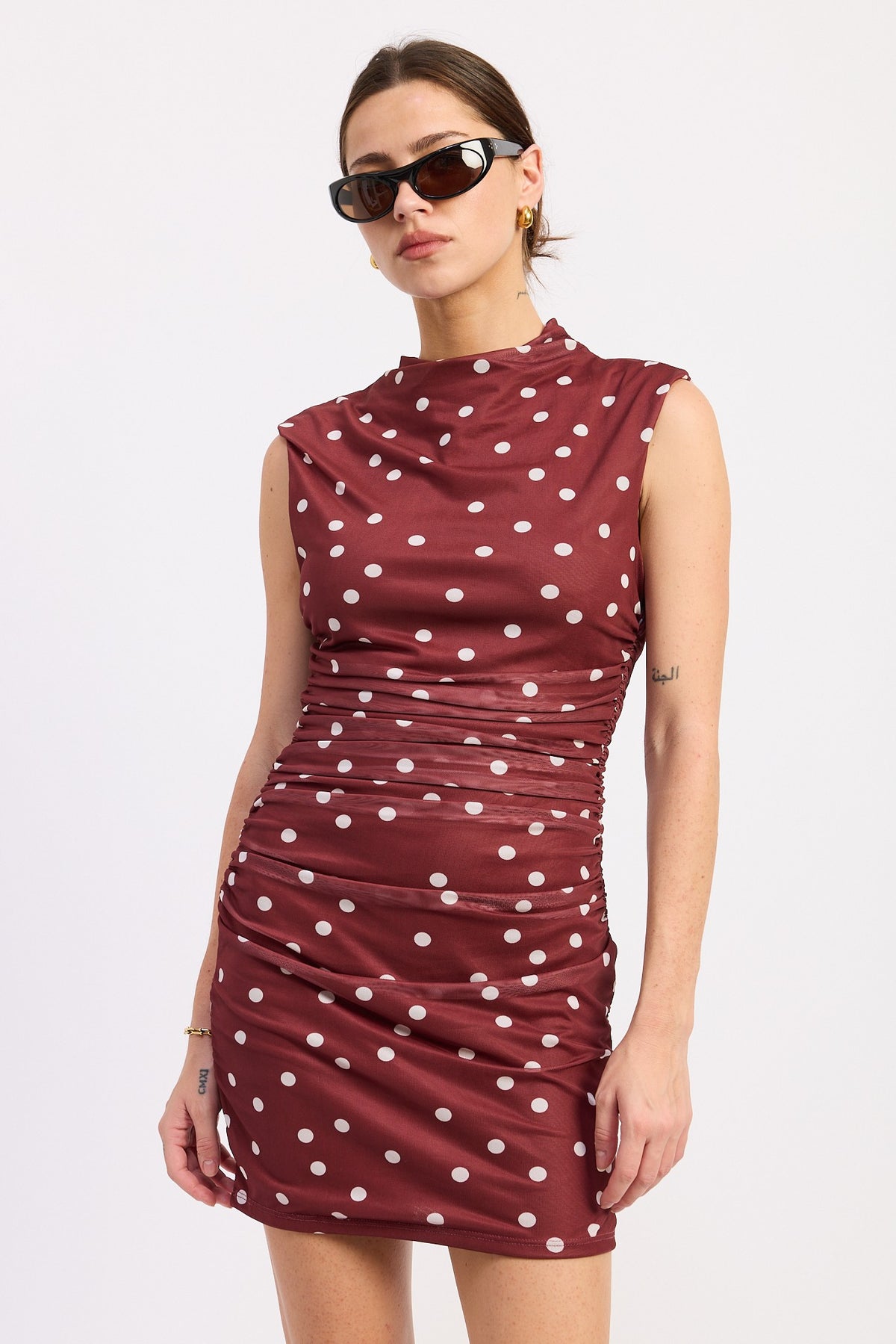 Mock Neck Polka Dot Dress - Maroon