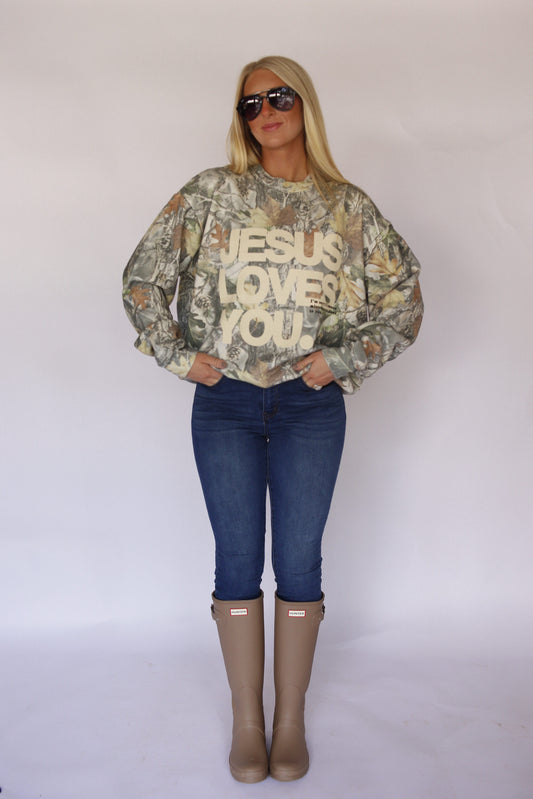 Jesus Loves You Camo Crewneck