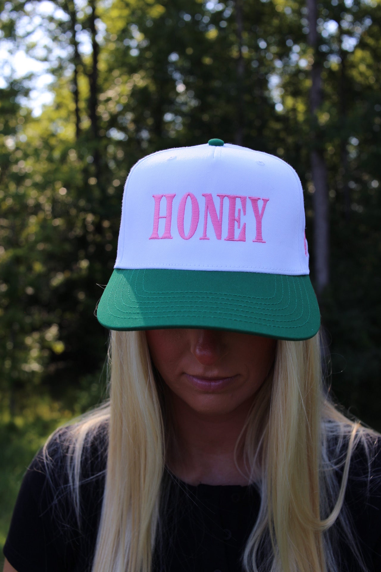 "Honey" Embroidered Hat - Green/Pink