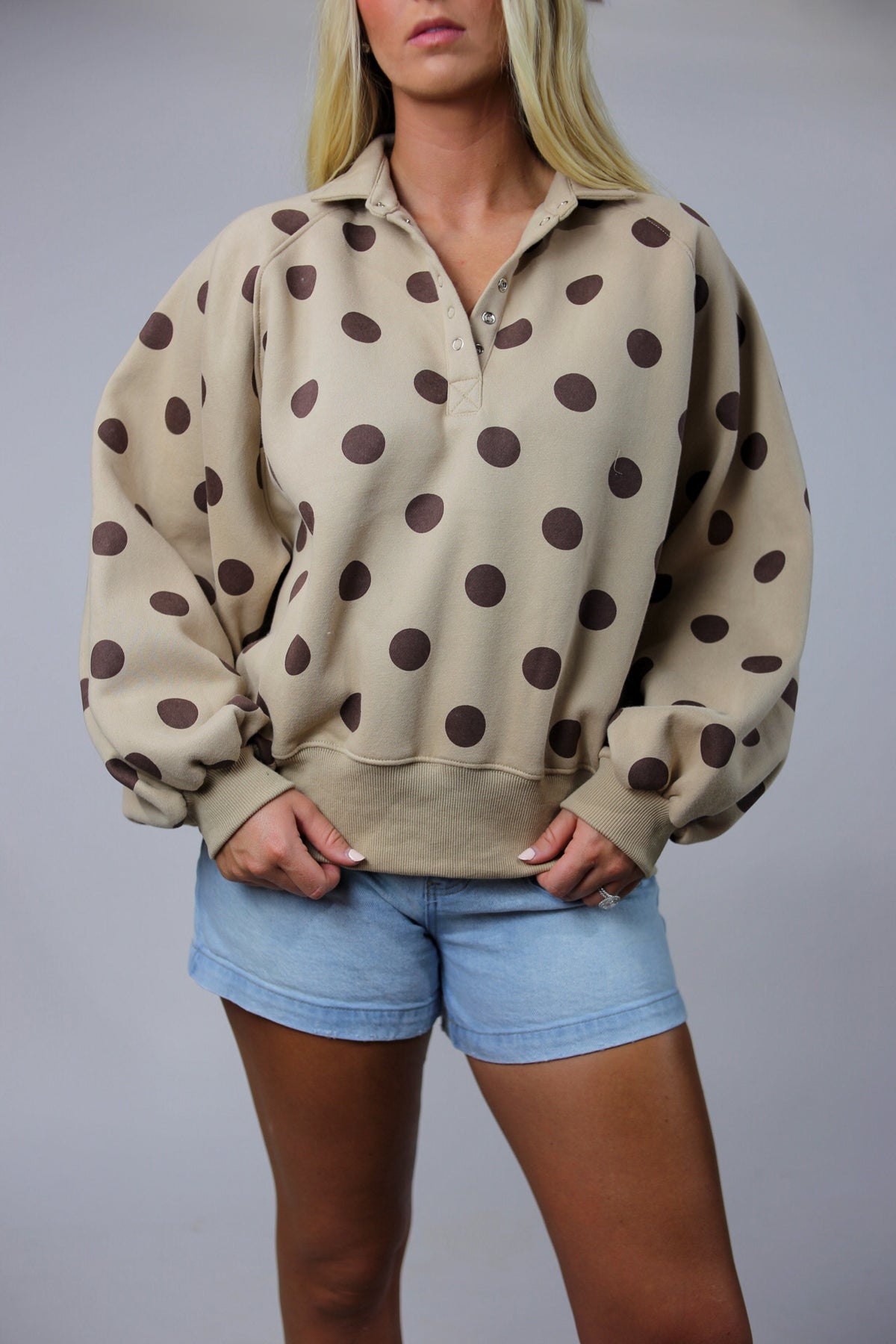 Polka Dot Button Pullover - Taupe/Brown