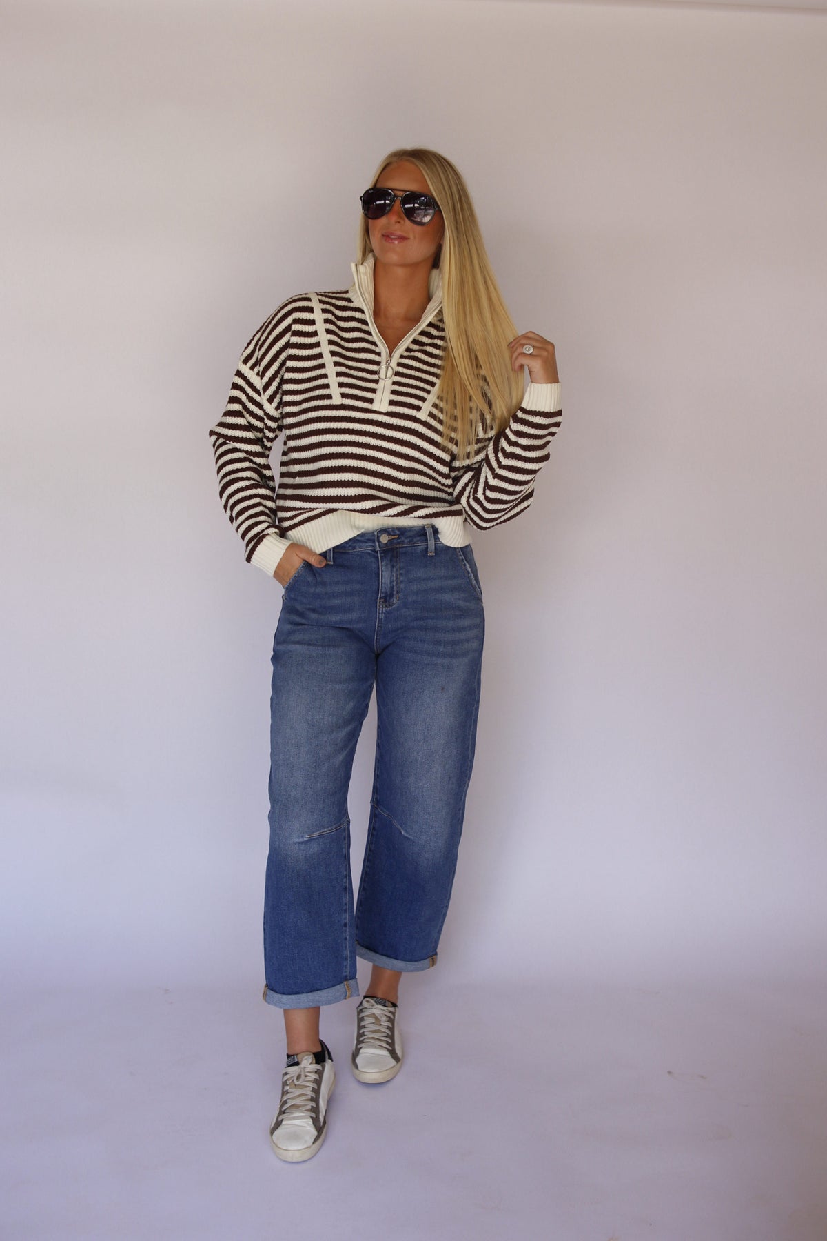 Riley Half-Zip Striped Sweater - Brown