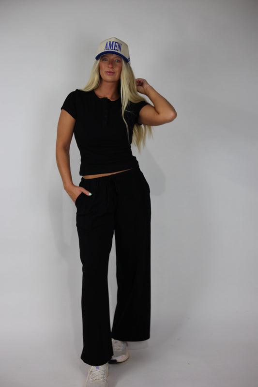 Elastic Waist Drawstring Wide Leg Pants - Black
