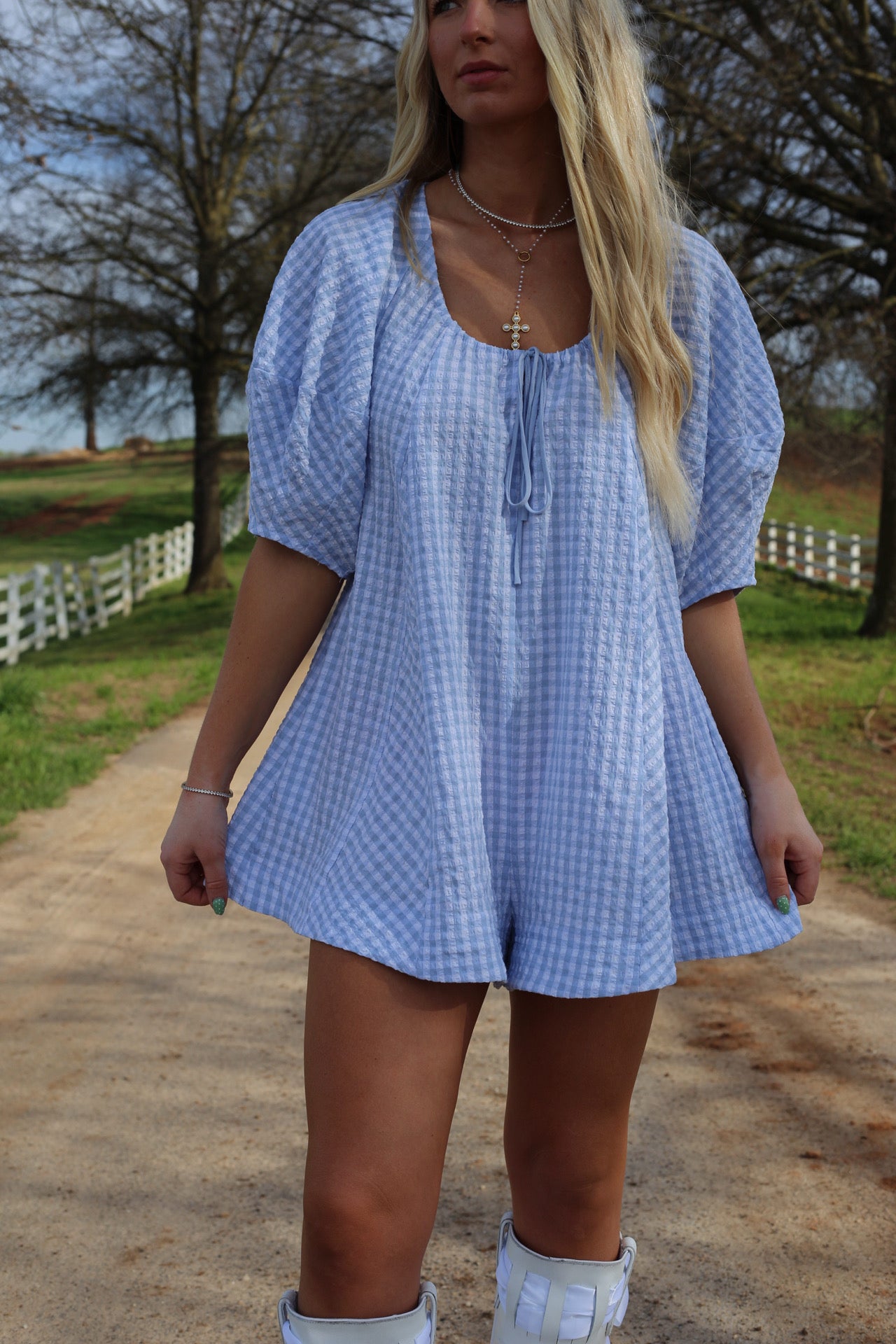 Adele Gingham Romper - Baby Blue